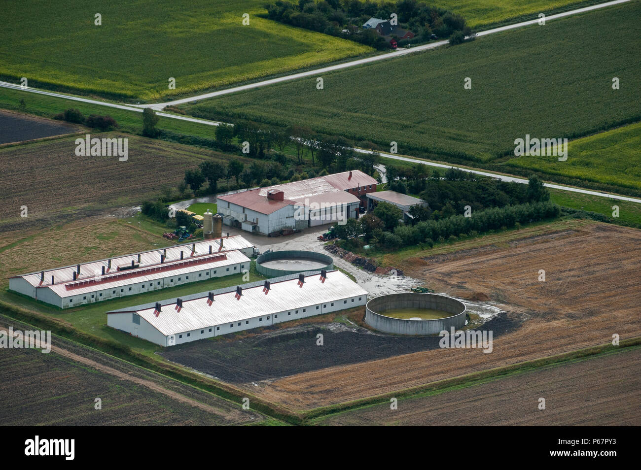 Deutschland Luftbild von Farm Homestead mit gülletank und stabil mit Solardach in Norddeutschland Stockfoto