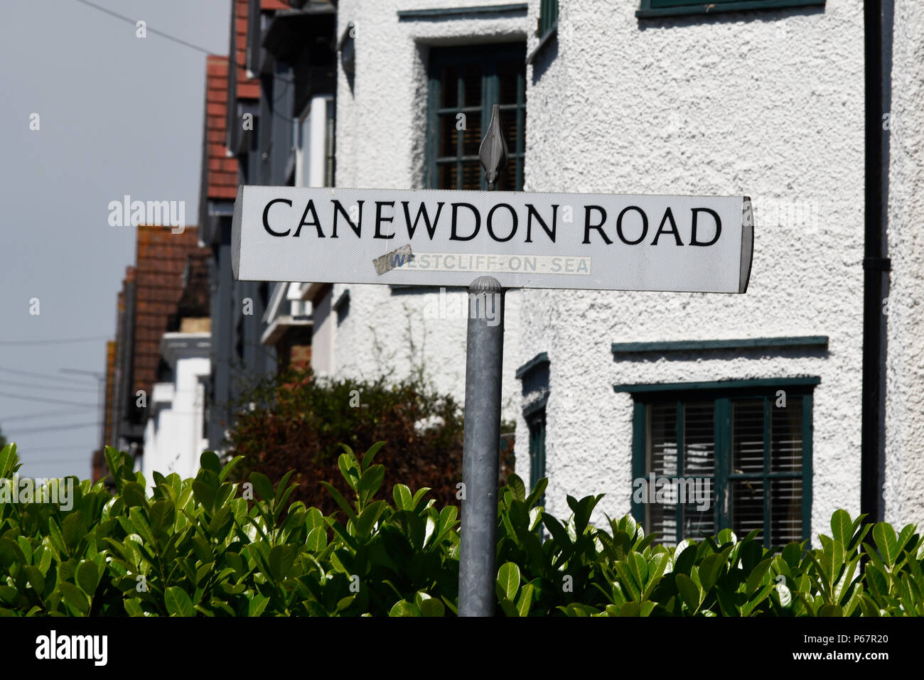 Canewdon Straße, Straßenschild, Wegweiser Wegweiser in Westcliff-on-Sea, Essex, Großbritannien. Eigenschaften. Eigenschaft Stockfoto