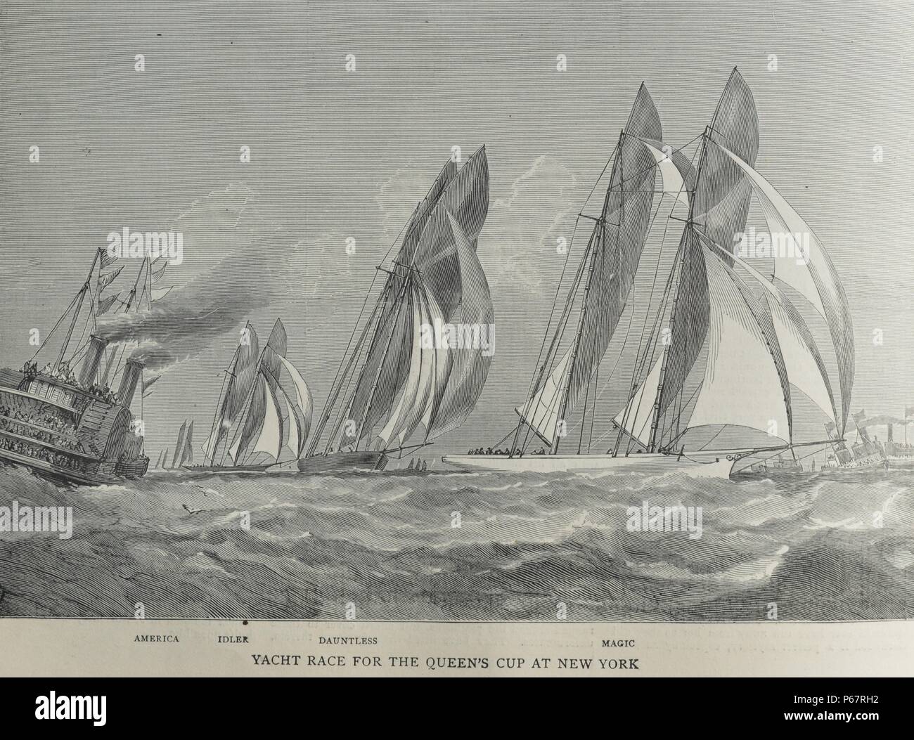 Stich zeigt Yachten im Wettbewerb um die Königin Cup in New York. Vom 1870 Stockfoto