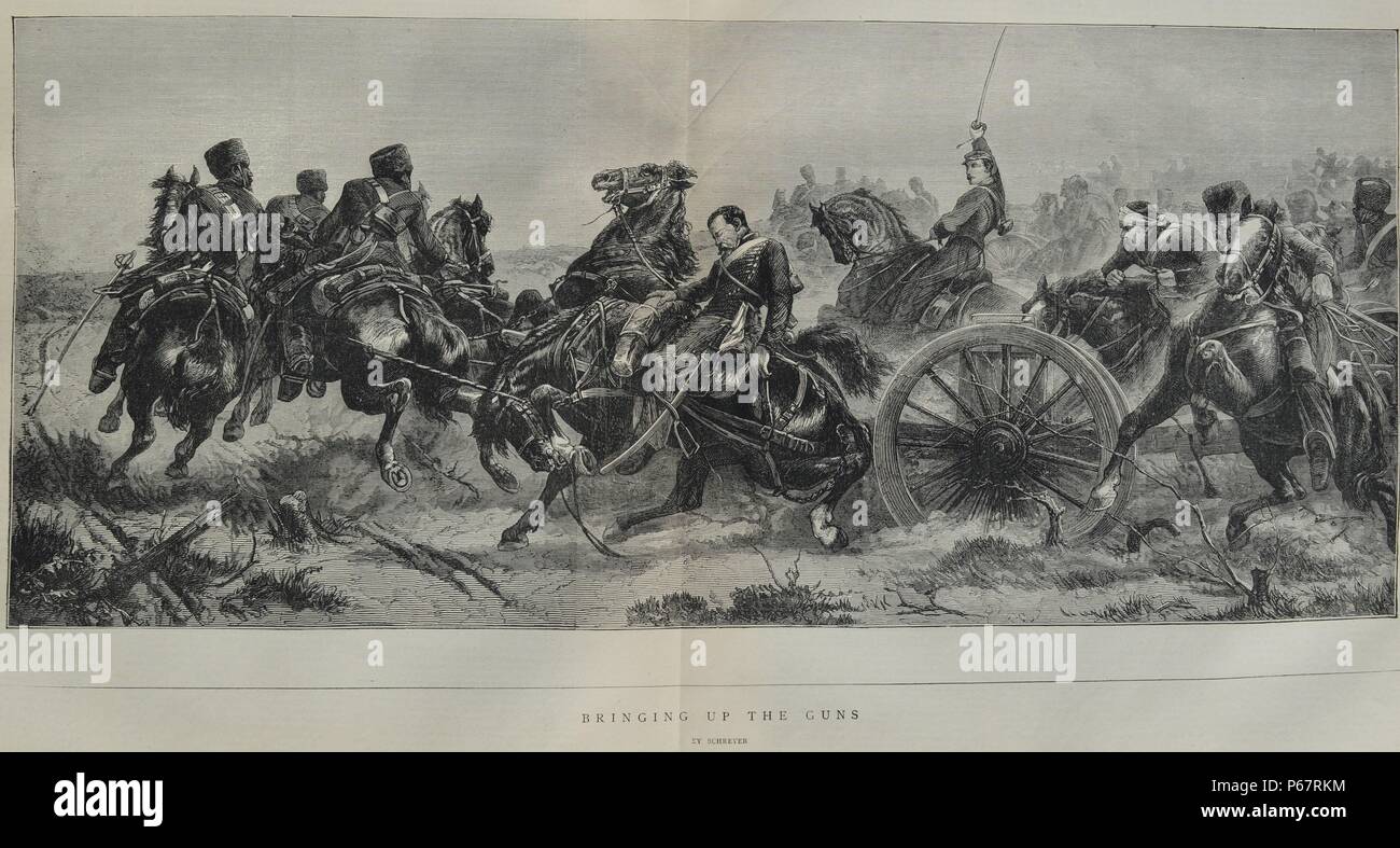 Stich zeigt die Soldaten den Transport von einer Kanone in die Schlacht. Vom 1870 Stockfoto