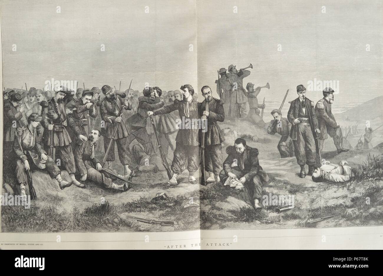 Stich zeigt Soldaten ruhen Sie sich nach der Schlacht. Vom 1870 Stockfoto