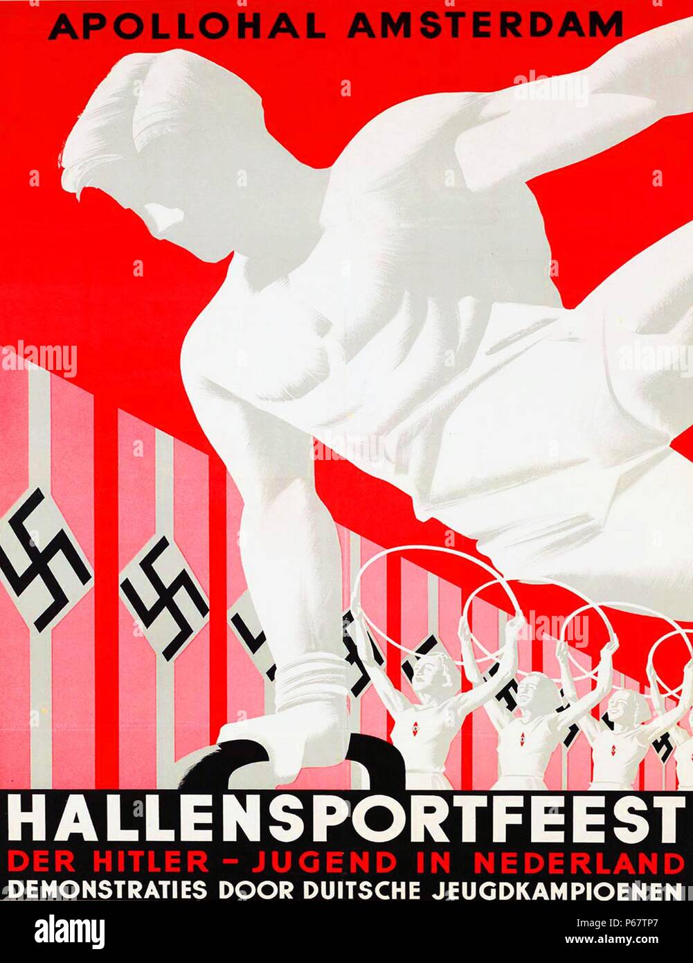 Plakat für die 1943 Apollohal Amsterdam - Die sports Festival des Niederländischen Hitler Youth. Verfügt über ein Display von der Deutschen Jugend Gymnastik Champions. Stockfoto