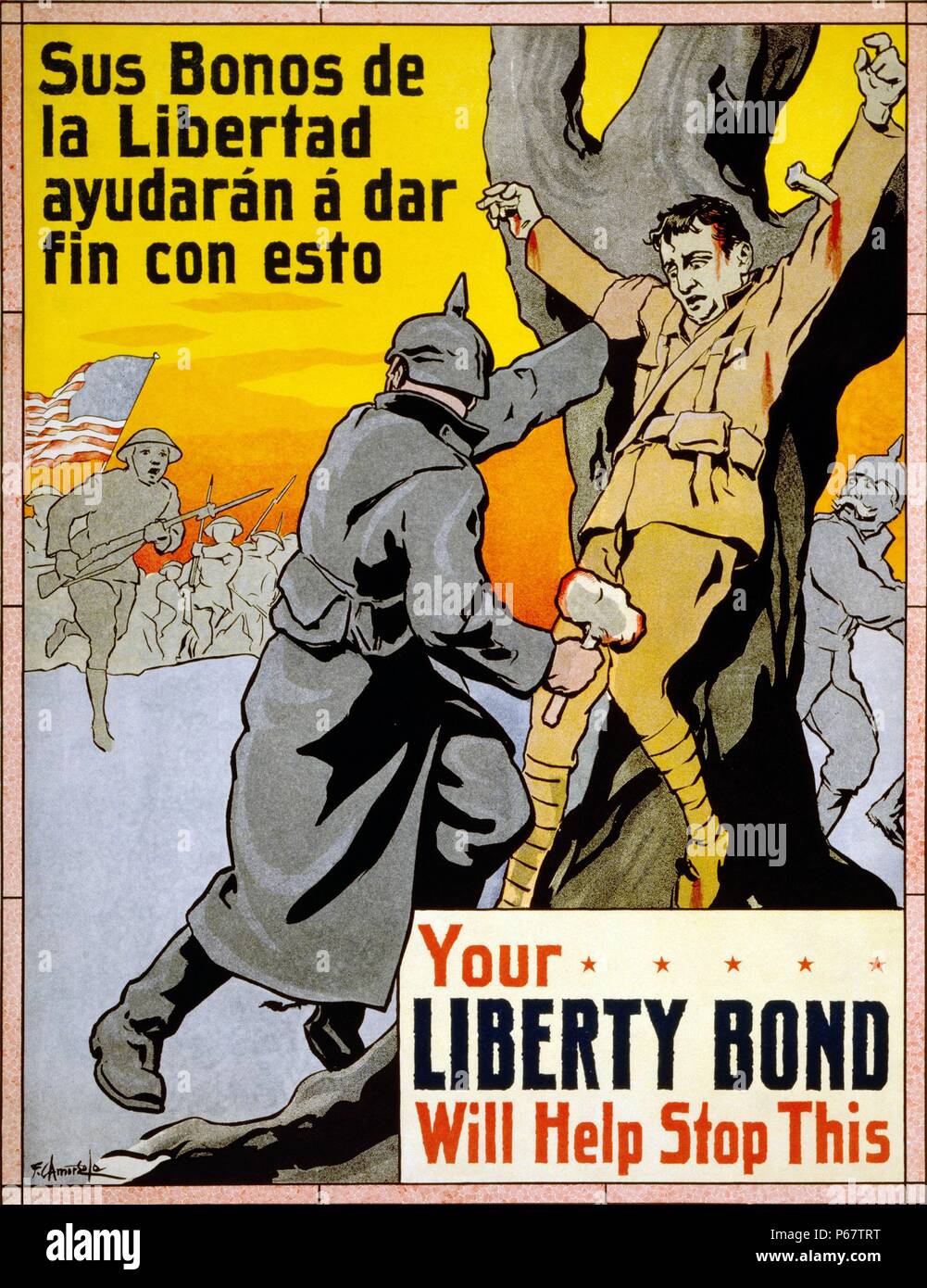 Propaganda Plakat aus dem ersten Weltkrieg in der Werbung die Zahlung von Liberty Bonds, um die alliierten Truppen zu unterstützen. Das Abonnieren der Anleihen wurde ein Symbol für patriotische Pflicht in den USA und stellte die Idee der finanziellen Sicherheiten zu viele Bürgerinnen und Bürger zum ersten Mal Stockfoto