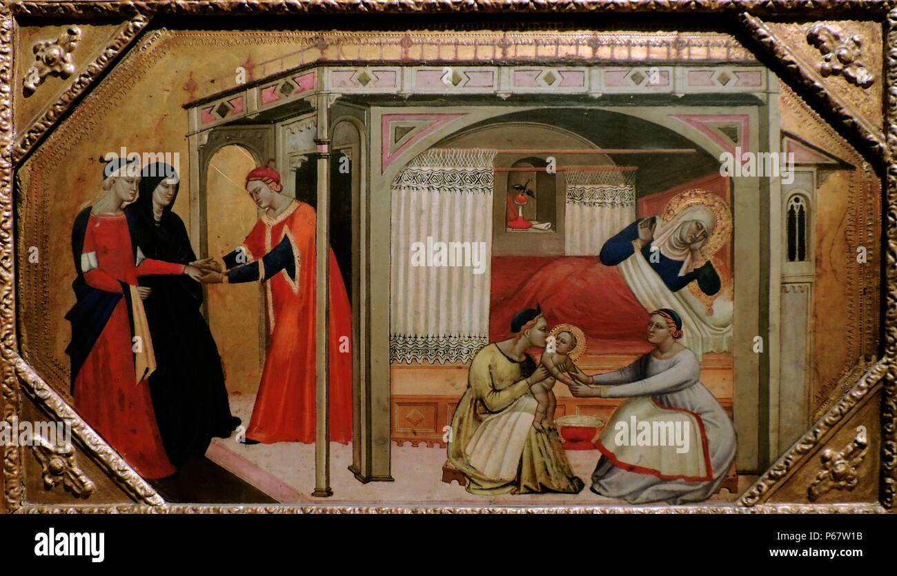 Die Geburt der Maria durch den Kapitän des Ashmolean Predella (1350-1400), während Ihr neues Baby von Hebammen gewaschen wird, Saint Anne empfängt die Besucher in ihrem Schlafzimmer. Obwohl die Geburt Marias, die nicht in den Evangelien ist, war es ein beliebtes Thema bis Mitte 1500. Stockfoto