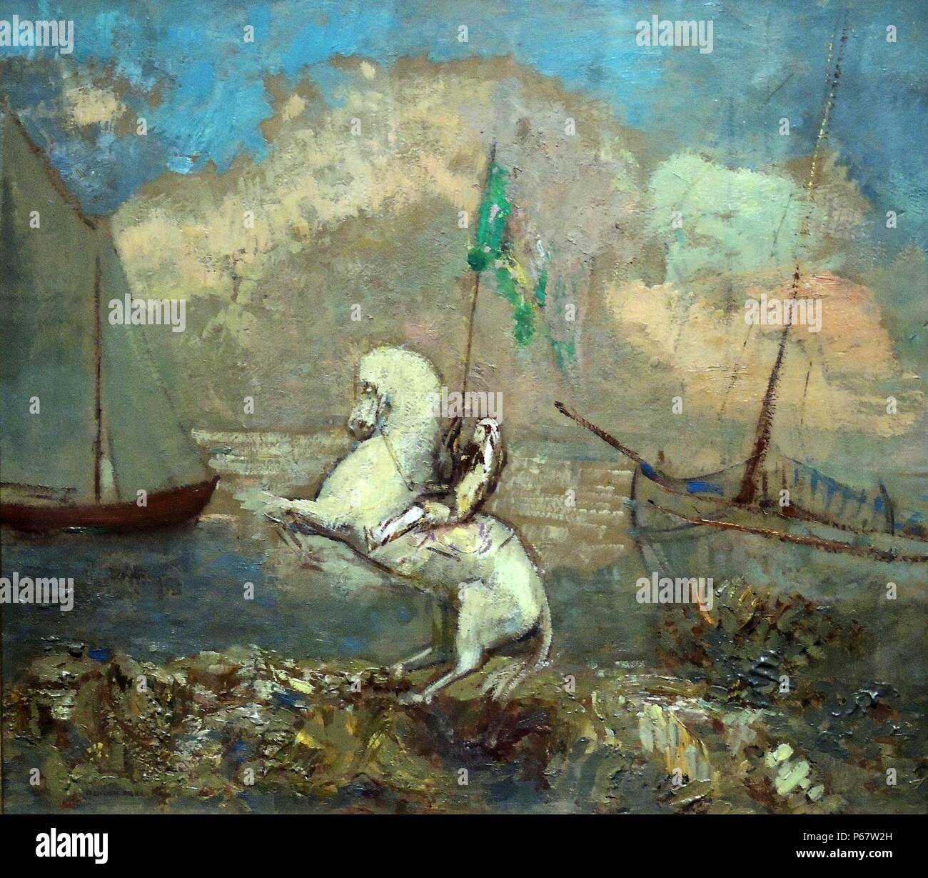 Odilon Redon (1840-1916) Reiter auf dem Strand mit zwei Schiffen. Dieses küstenstreifens Szene zeigt eine Aufzucht weißes Pferd mit einem Reiter, der eine grüne Standard wie eine mittelalterliche Ritter. Mit Blick auf das Meer jenseits der Küste das Wasser gelassen wird. Zwei Schiffe Frame die Zusammensetzung auf beiden Seiten. Stockfoto