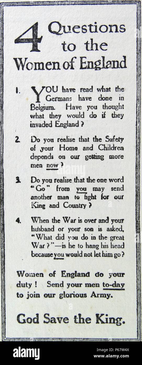 Anzeige für die Rekrutierung von Soldaten für die britische Armee, die darauf abzielen, Ehefrauen und Mütter, im ersten Weltkrieg. Stockfoto