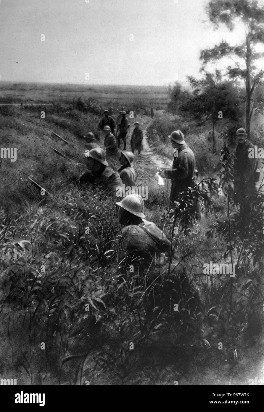 Französisch-kolonialen Zouave Soldaten bereiten einen Deutschen militärischen Fortschritt in Frankreich 1914 zu widerstehen Stockfoto