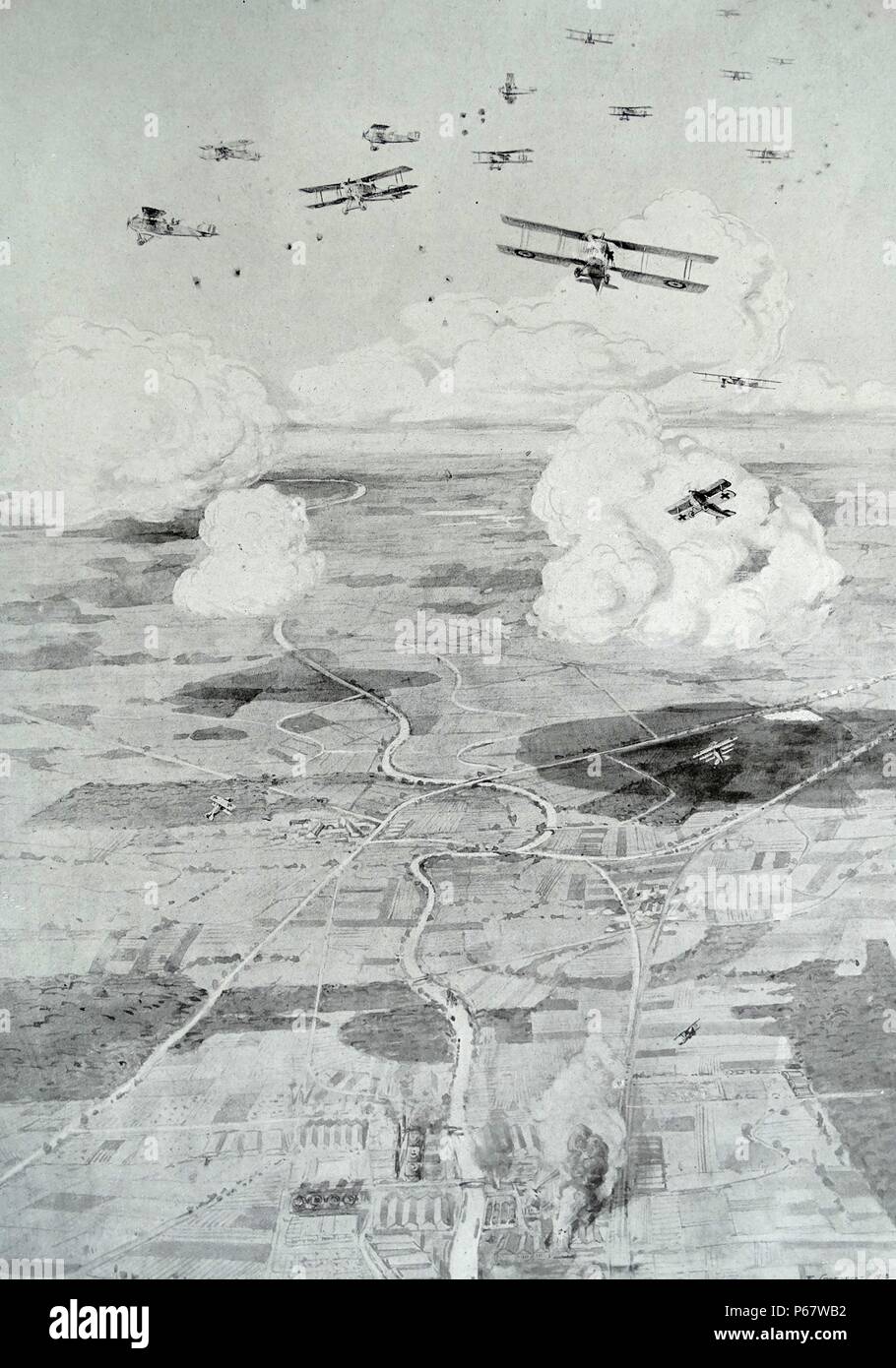 Deutsche Flugzeuge Schlacht mit französischen Flugzeugen auf einer Bombardierung Mission über eine deutsche militärische Fabrik 1917 im ersten Weltkrieg Stockfoto