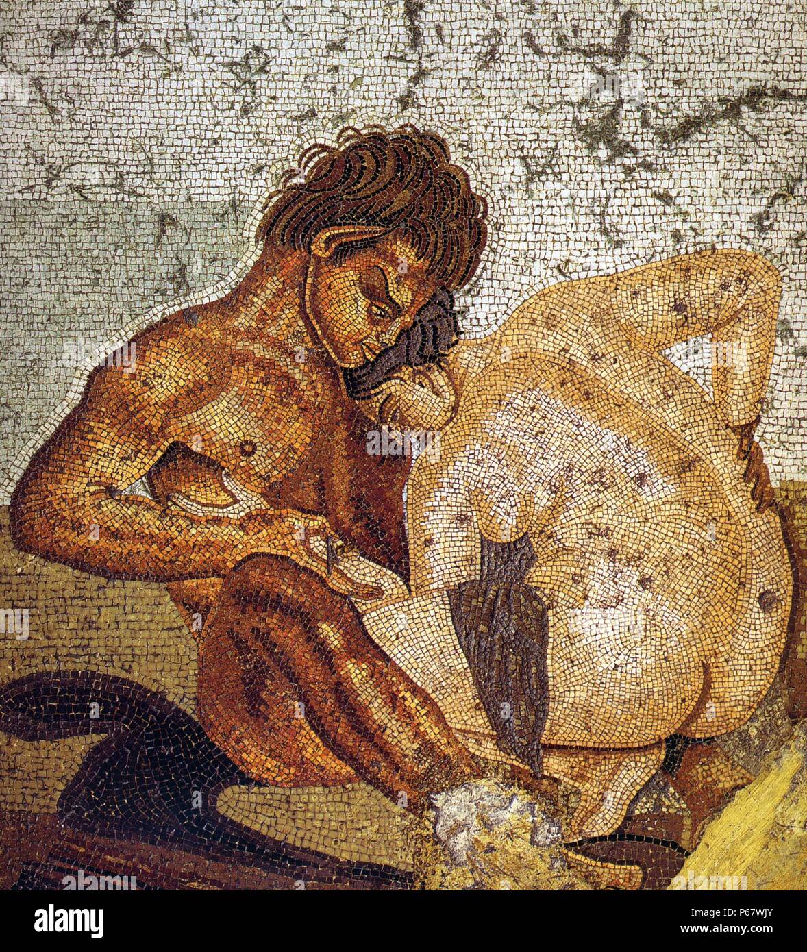 Mosaik in der Casa del Fauno, Pompeji. Zeigt ein Satyr und Nymphe 70 n. Chr. Stockfoto