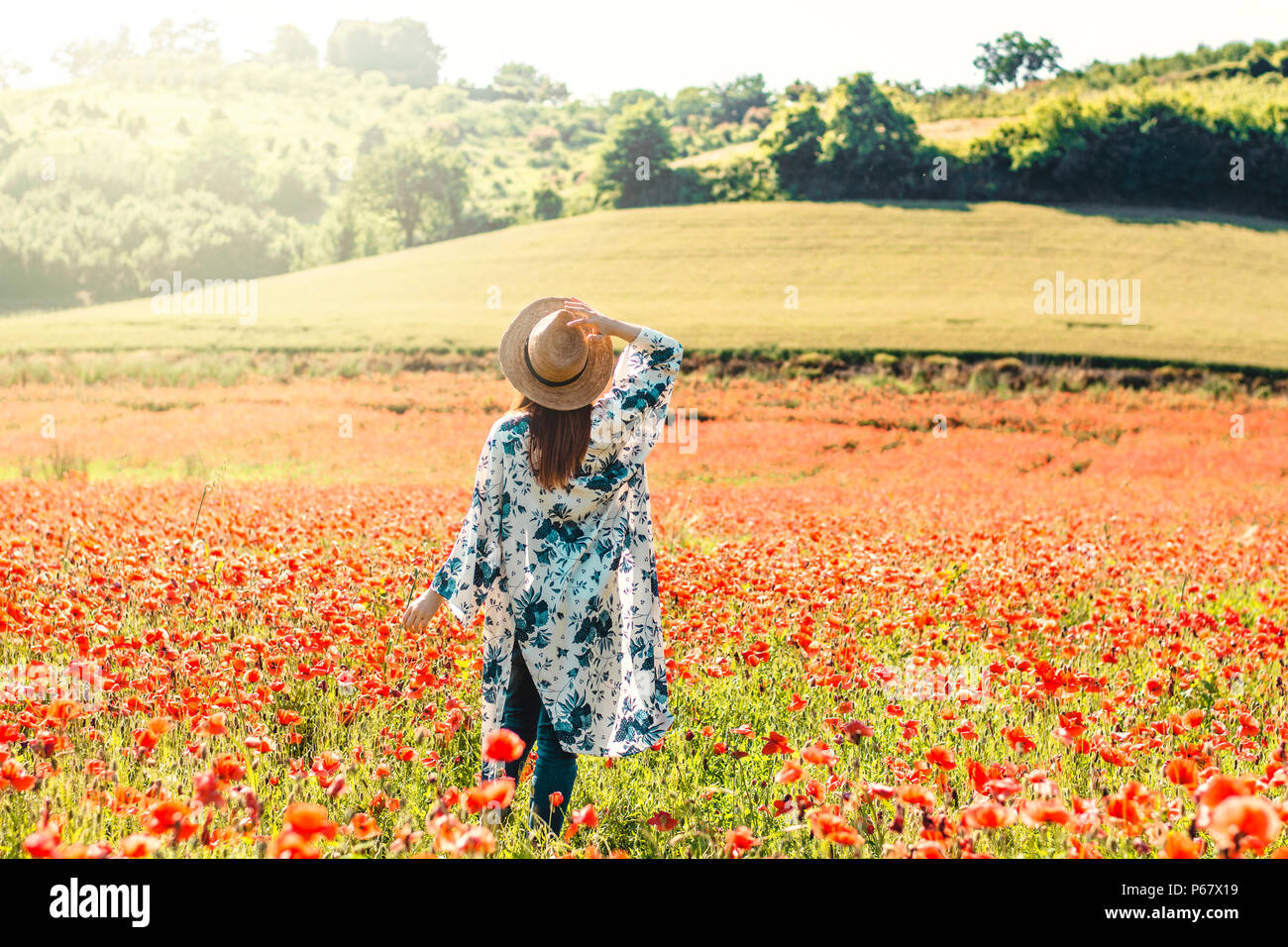 Zurück Blick auf eine junge Frau mit Strohhut und Blume drucken Kimono in einem Mohnfeld in einem sonnigen Tag. Stockfoto