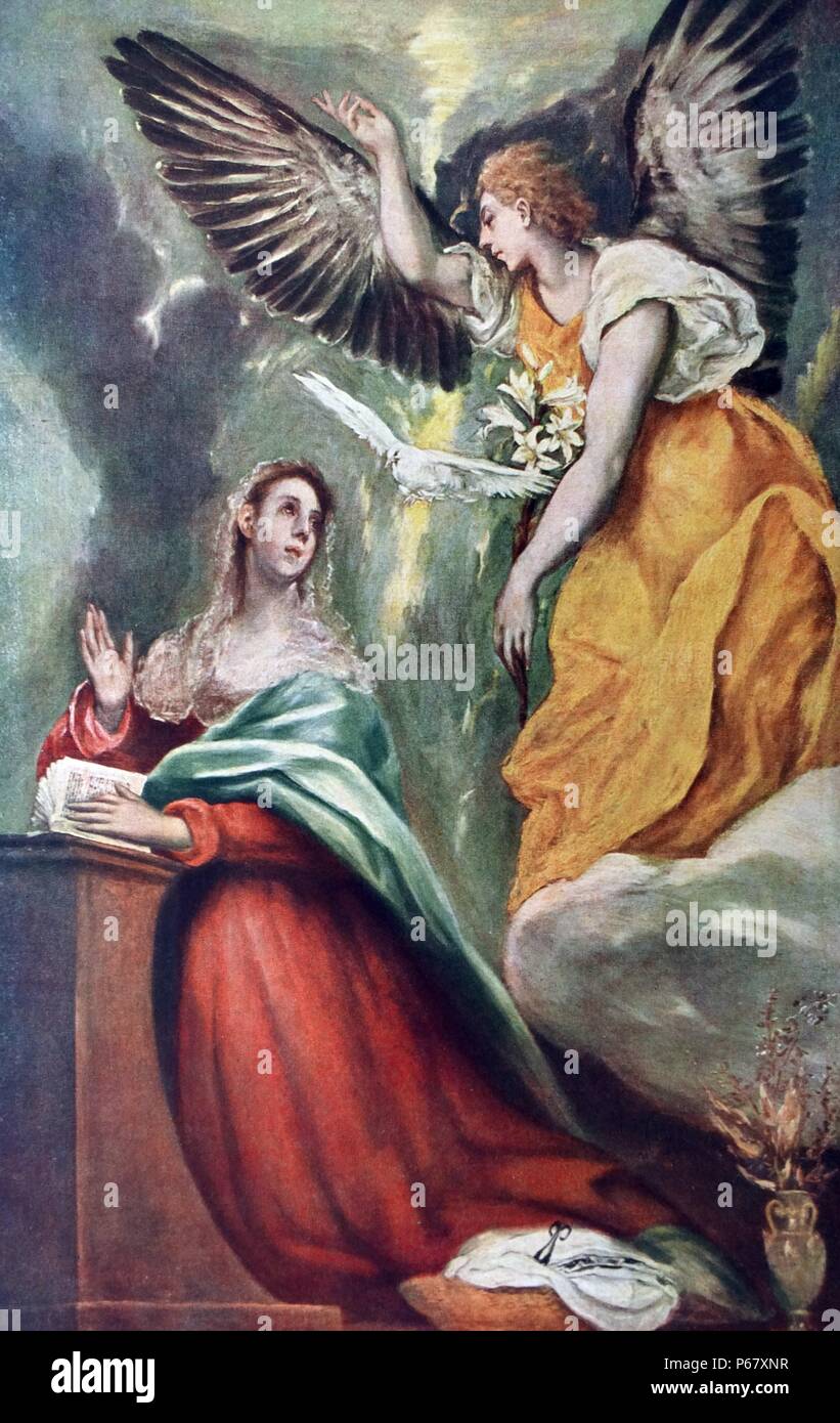 Gemälde mit dem Titel "Verkündigung". Von El Greco (1541-1614) geboren Doménikos Theotokópoulos gemalt, war Maler, Bildhauer und Architekt der spanischen Renaissance. Vom 16. Jahrhundert Stockfoto