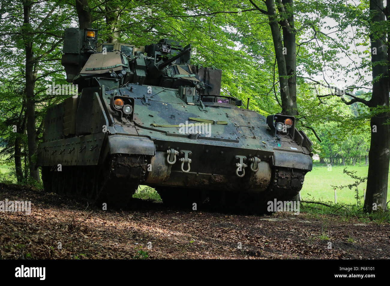 Us-Soldaten von Charlie Company, 5 Squadron, 7th Cavalry Regiment, 3 Infanterie Division Scan die Branche, in der es auf einen M3 Bradley Fighting Fahrzeug während der Durchführung einer defensiven Betrieb während der Übung kombinierte lösen VI bei der US Army Joint Multinational Readiness Center in Hohenfels, Deutschland, Mai 20, 2016 Übung kombinierte lösen VI ist so konzipiert, dass der US-Armee regional zugeteilt, um die US-European Command Verantwortungsbereich mit multinationalen Ausbildung auf allen Ebenen zu trainieren. Rund 570 Teilnehmer aus 5 Nationen der NATO und der Europäischen Partner werden particip Stockfoto