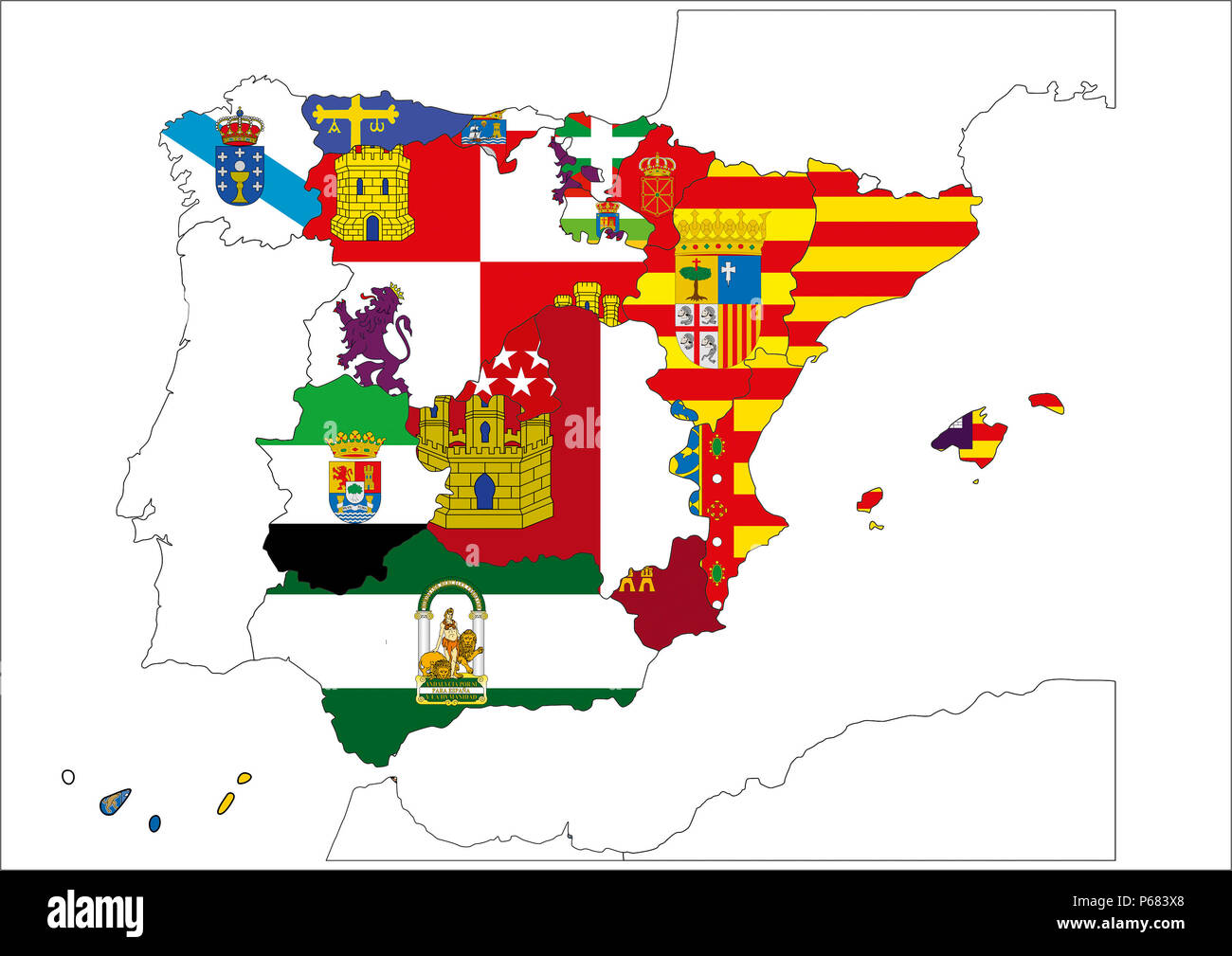 Bild der Karte von Spanien durch Computer mit Design Software entworfen, mit weißem Hintergrund Stockfoto