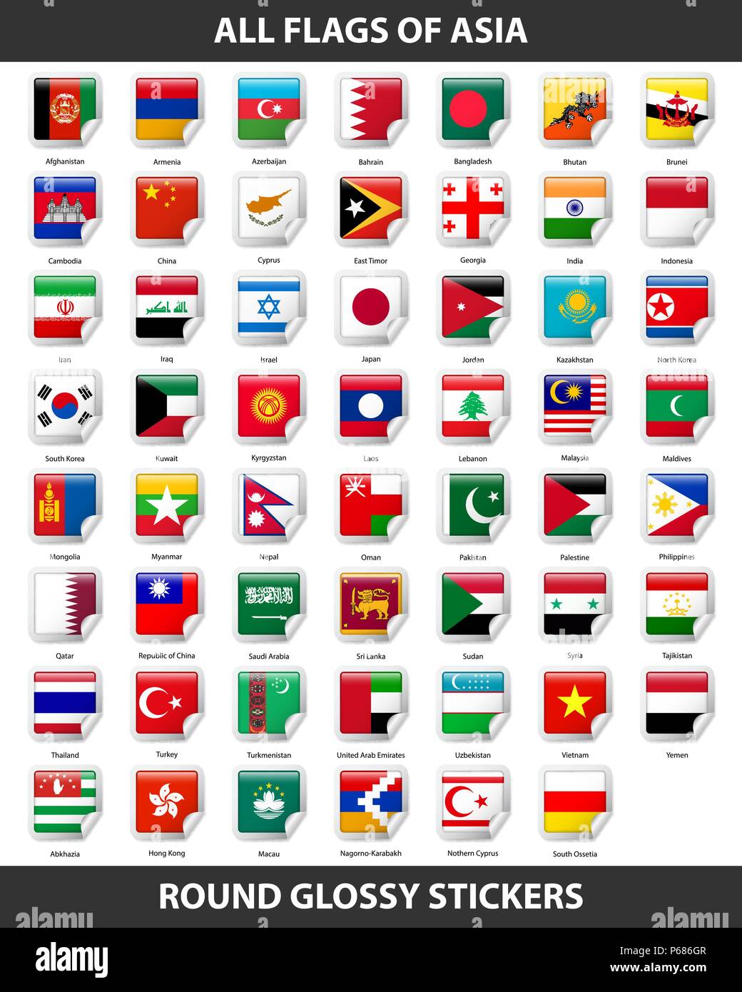 Flaggen aller Länder Asiens. Runde glänzend Aufkleber Stock Vektor