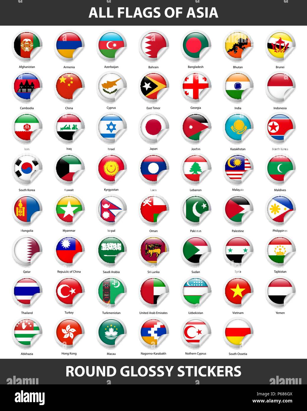 Flaggen aller Länder Asiens. Runde glänzend Aufkleber Stock Vektor