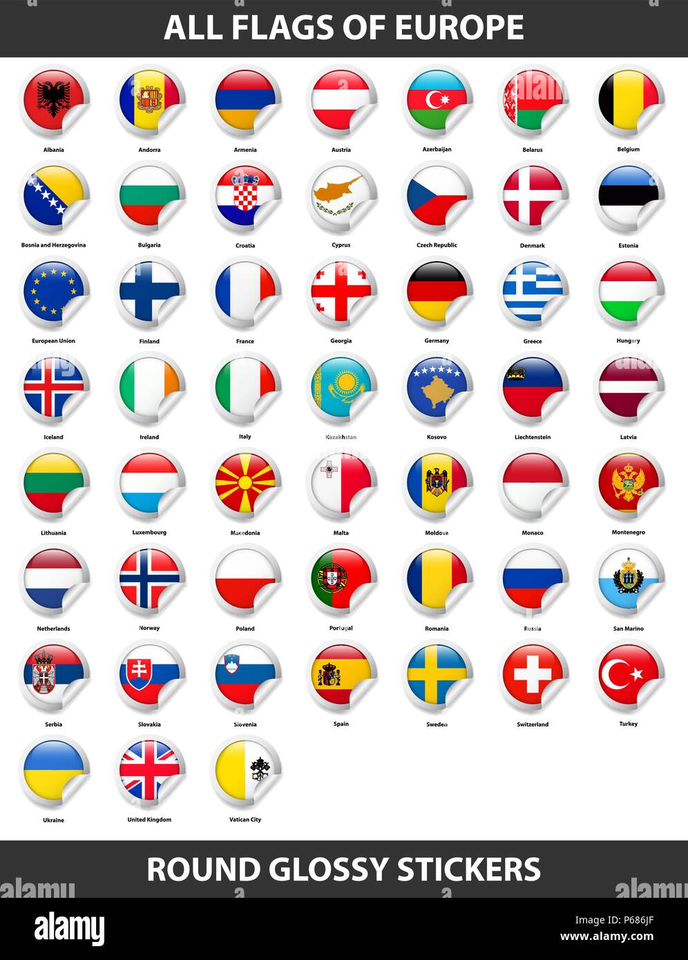 Flaggen aller Länder in Europa. Runde glänzend Aufkleber Stock