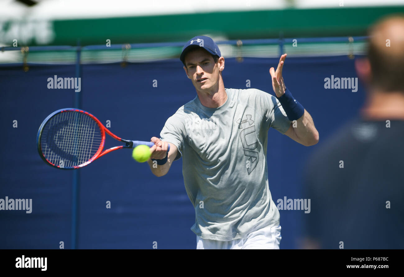 Andy Murray schlägt die Kugel in seinem Training, bevor er Stan Wawrinka später am Tag während der Natur Tal internationalen Tennisturnier in Devonshire Park in Eastbourne East Sussex Großbritannien zu spielen. 25. Juni 2018 Stockfoto