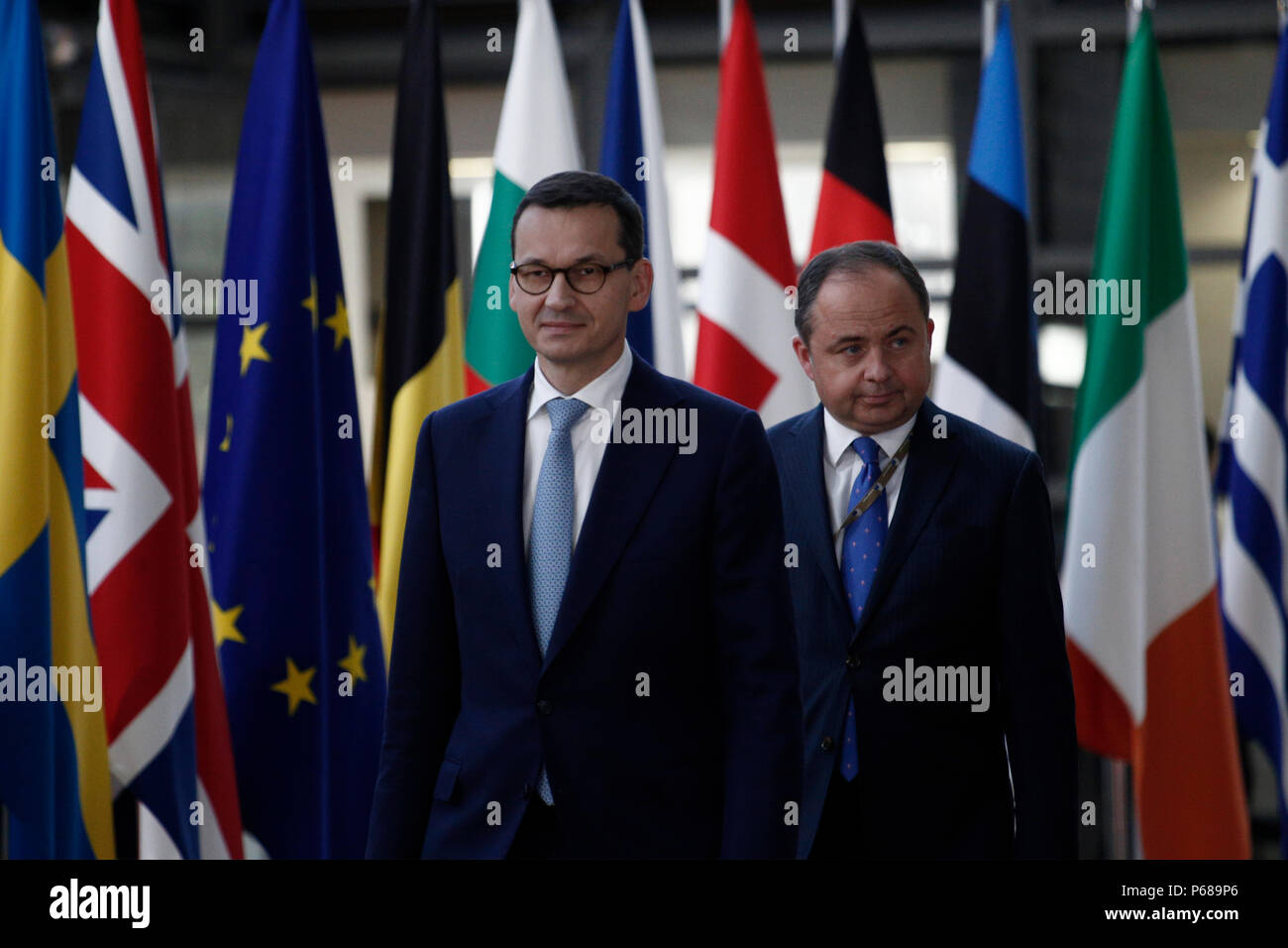 Brüssel, Belgien am Jun 28, 2018. Premierminister von Polen, Mateusz Morawiecki kommt für ein Treffen mit den Staats- und Regierungschefs der Europäischen Union. Stockfoto