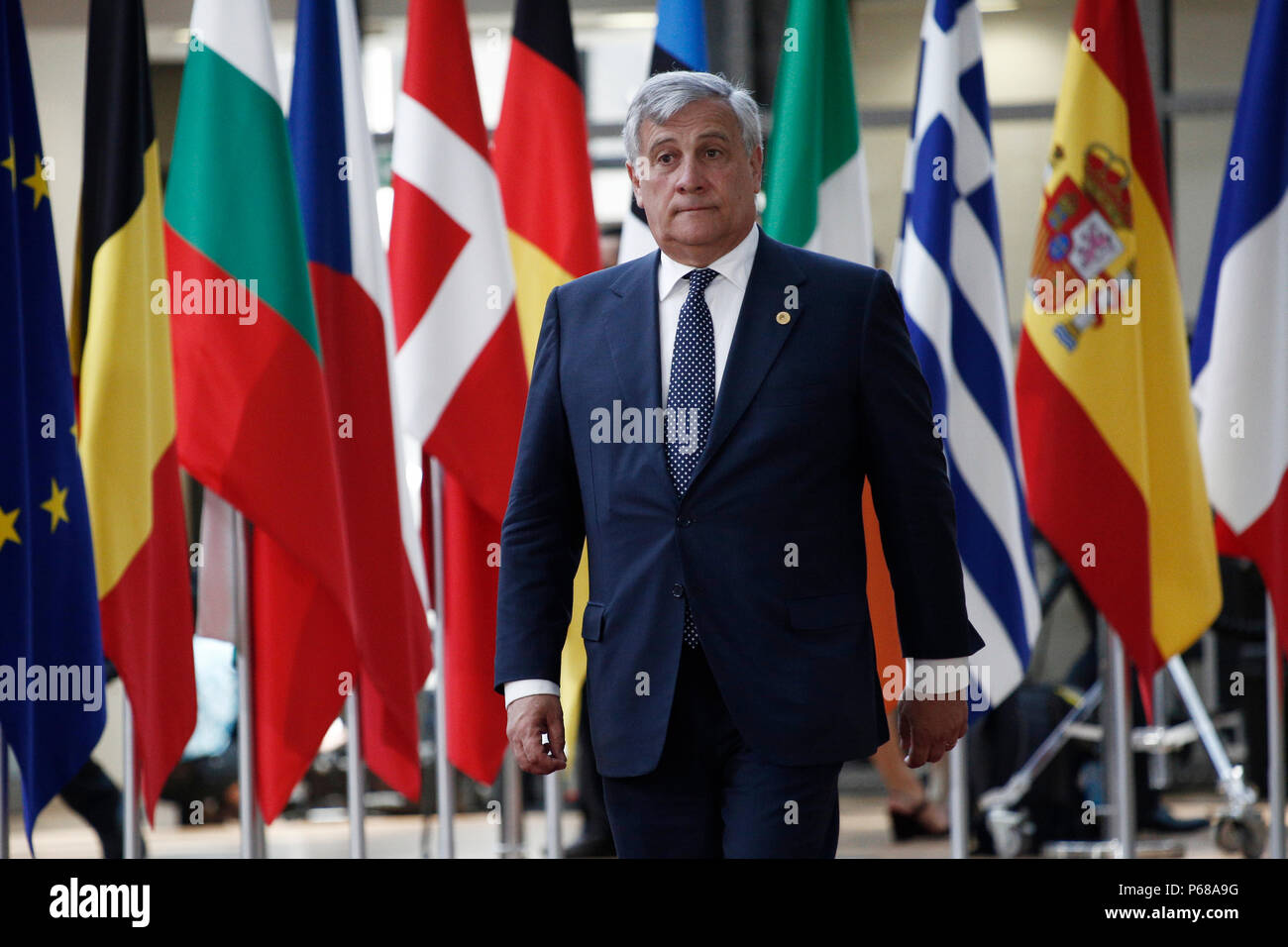 Brüssel, Belgien am Jun 28, 2018. Der Präsident des Europäischen Parlaments Antonio Tajani, kommt für eine Sitzung mit den Staats- und Regierungschefs der Europäischen Union. Stockfoto