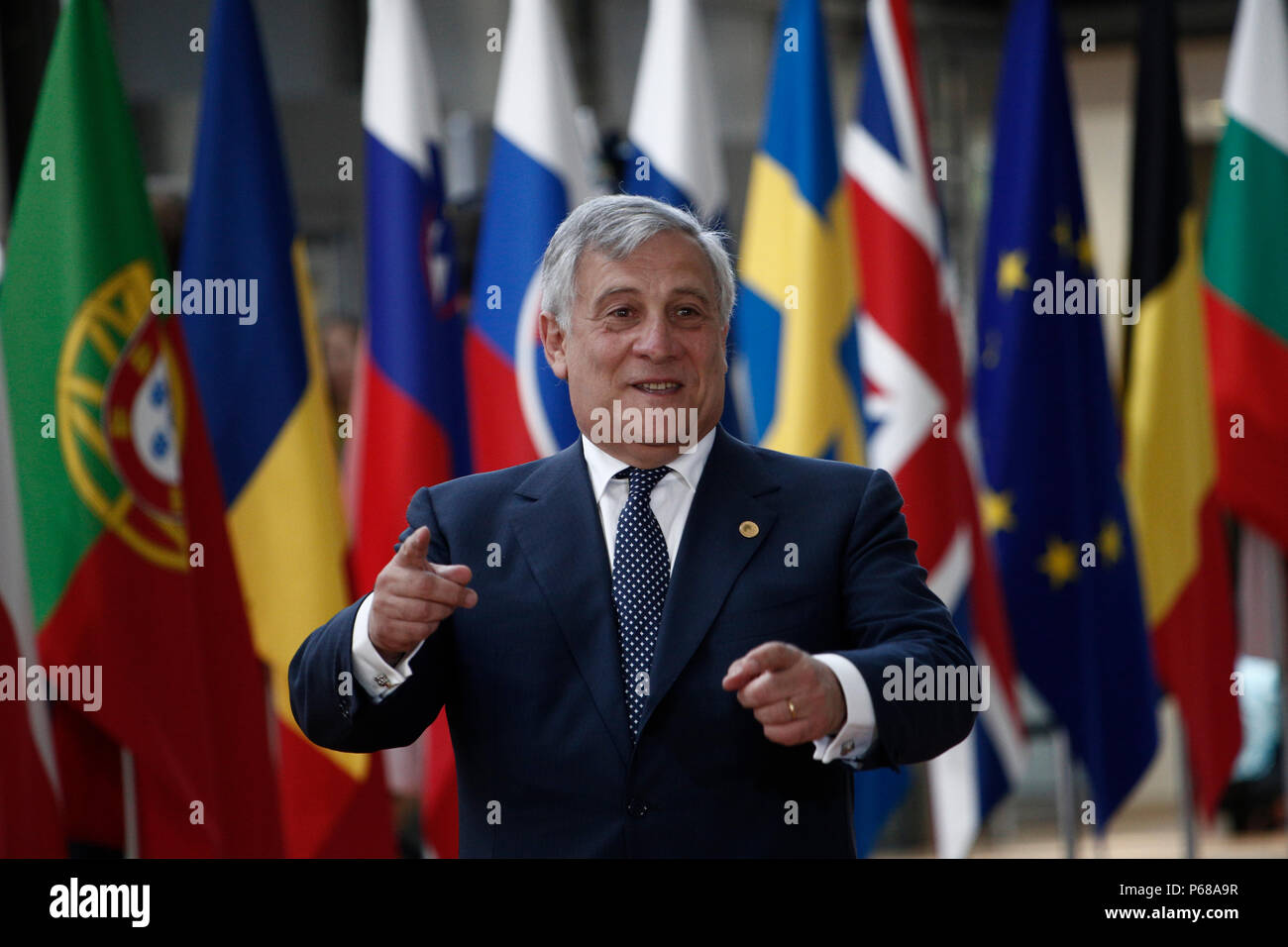 Brüssel, Belgien am Jun 28, 2018. Der Präsident des Europäischen Parlaments Antonio Tajani, kommt für eine Sitzung mit den Staats- und Regierungschefs der Europäischen Union. Stockfoto