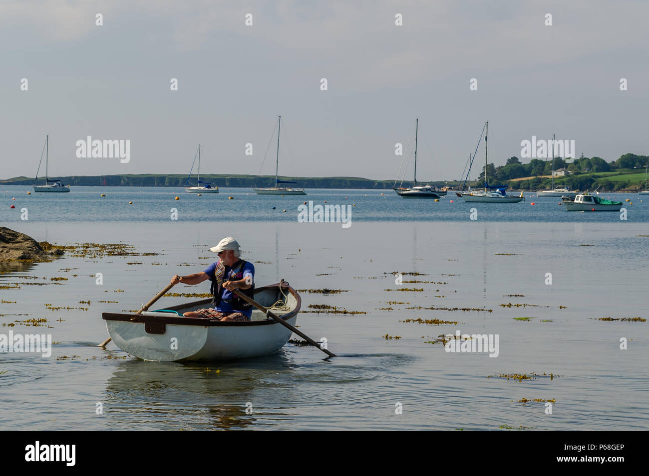 Schull, West Cork, Irland. 29 Juni, 2018. Eine lokale Schull resident Zeilen in die Bucht in sein Boot für einen Tag angeln während der Hitzewelle. Die Temperaturen bleiben in der Mitte 20 Grad Celsius für den Rest des Wochenendes, aber Regen ist von Montag an prognostiziert. Credit: Andy Gibson/Alamy Leben Nachrichten. Stockfoto