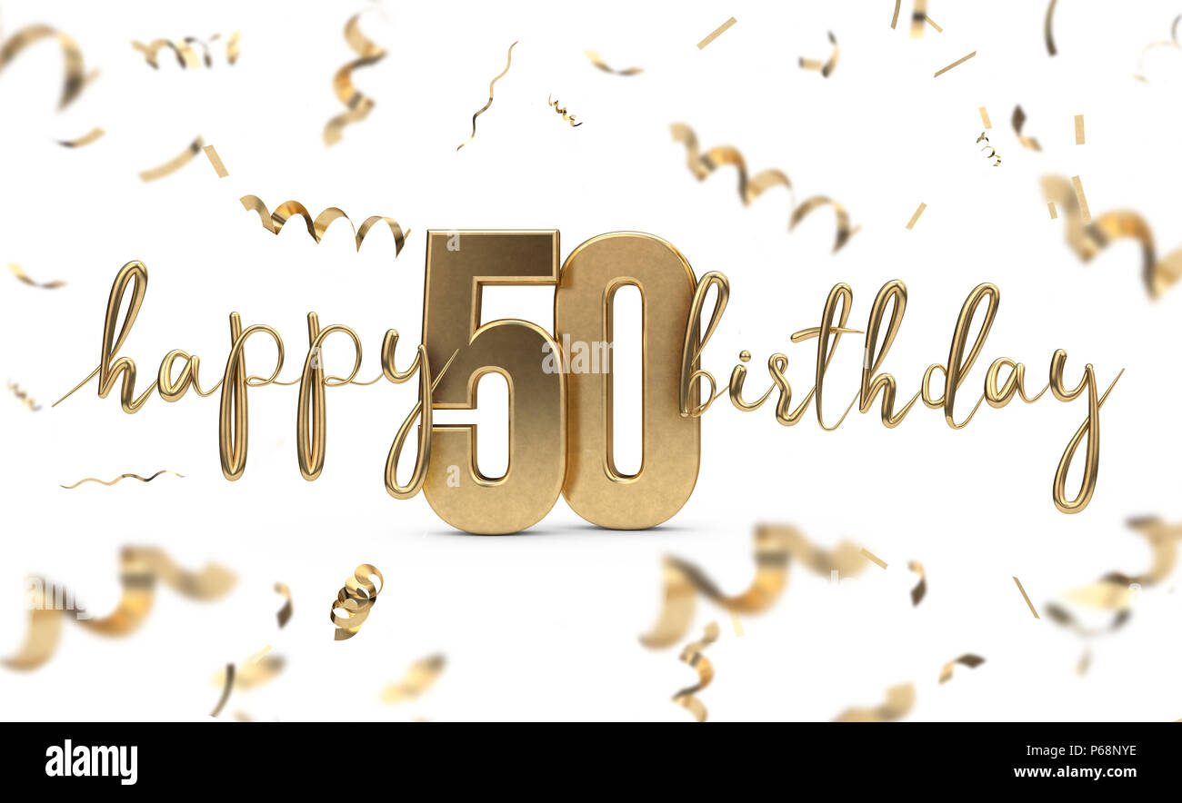 Happy 50th birthday gold Gruß Hintergrund. 3D-Rendering Stockfoto