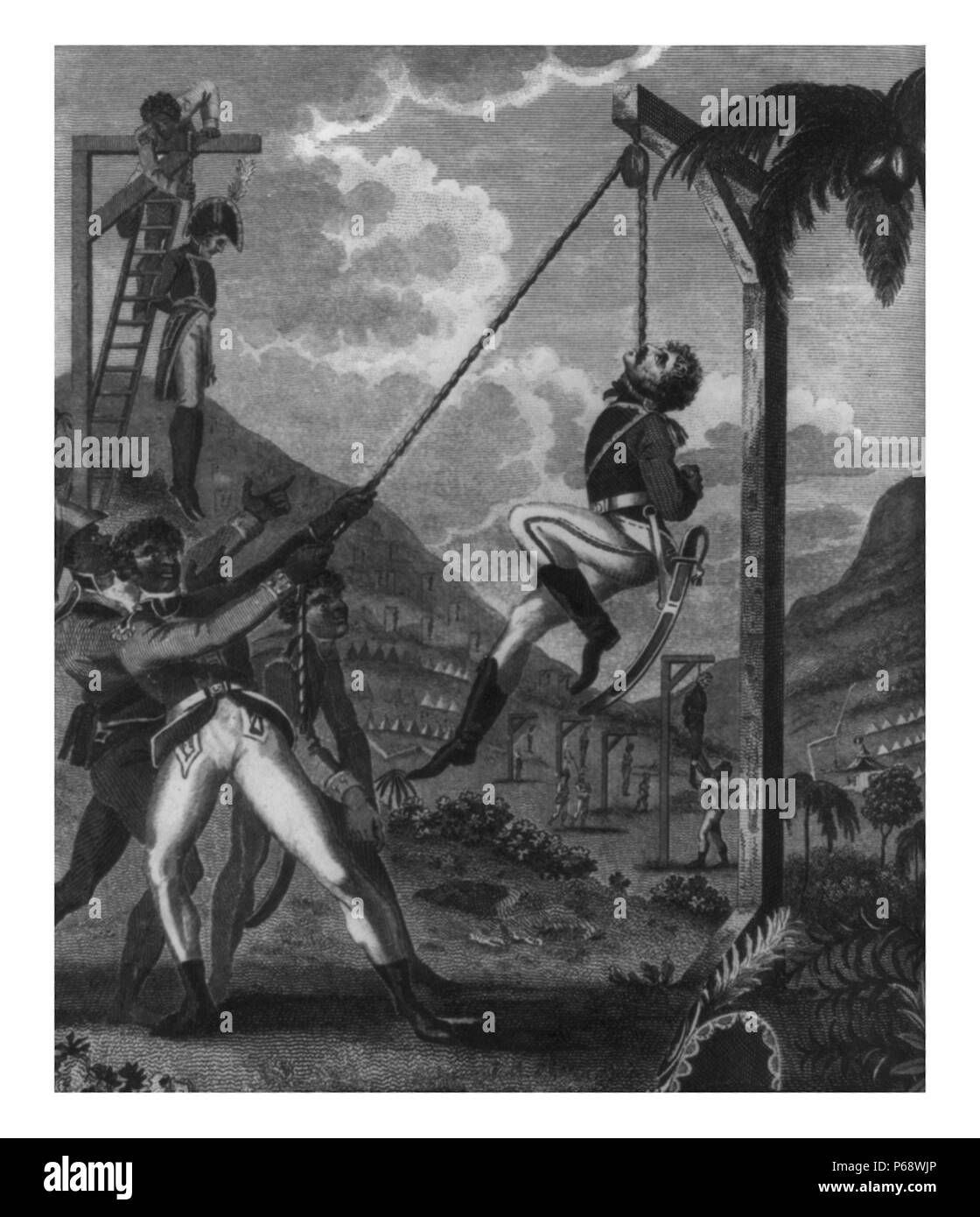 Haiti; Revolution, 1791-1804. Die haitianer hängenden Französische Offiziere; Rache durch die Schwarze Armee für die Grausamkeiten der Französischen praktiziert Stockfoto