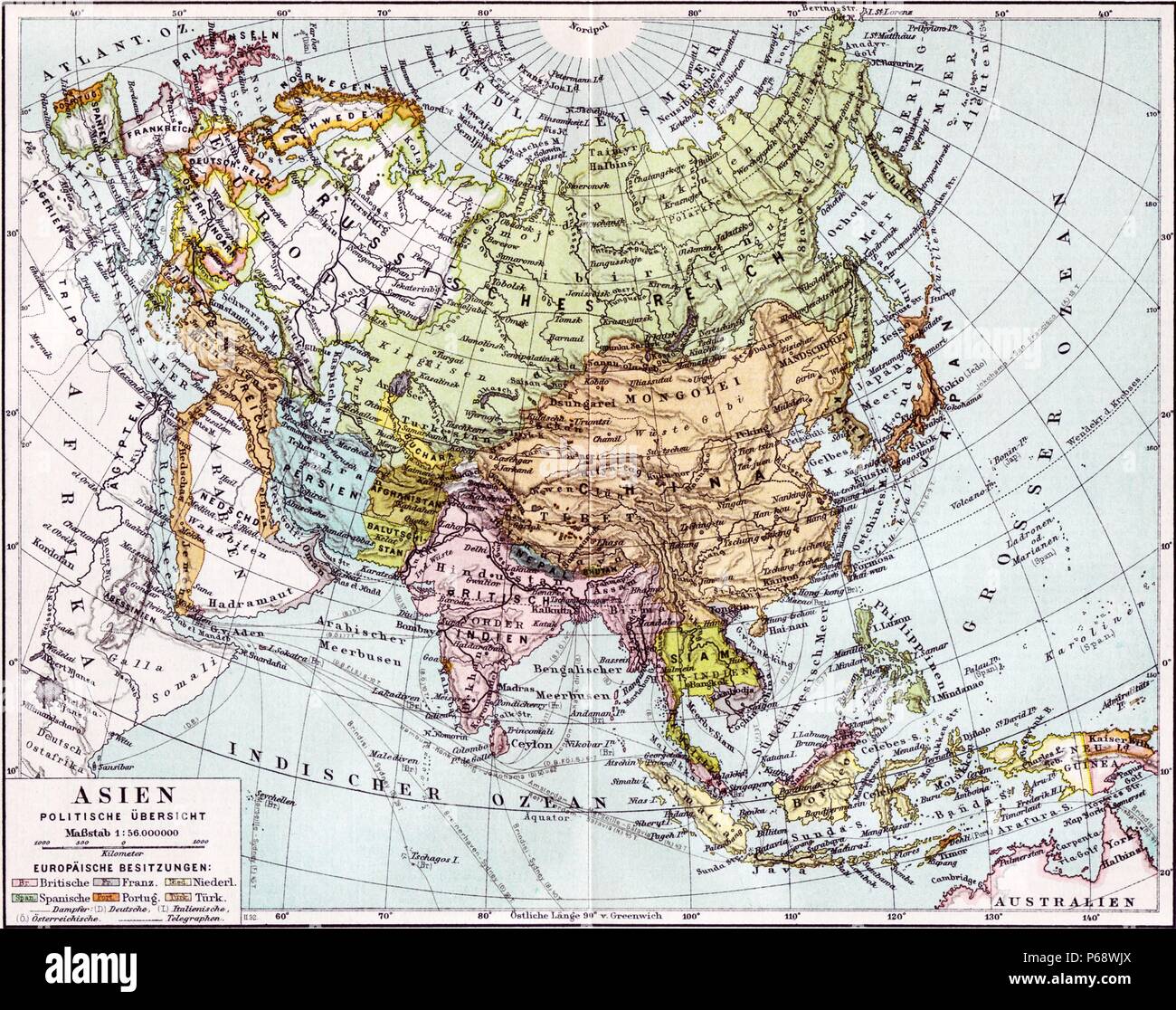 Deutsche Karte von Europa, Russland und Asien bis 1890 datiert. Die britische Indien Kolonie Niederländisch-ostindien dargestellt sowie das Russische Reich Stockfoto