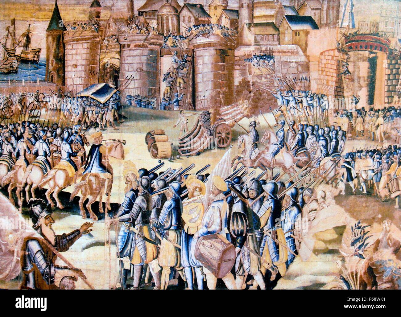 Wandteppich mit der Darstellung der Belagerung von La Rochelle von 1572 - 1573. militärischen Angriff auf die Hugenotten - gehaltene Stadt La Rochelle von katholischen Truppen während der vierten Phase der Französischen Religionskriege, nach dem August 1572 St. Bartholomew's Tag Massaker Stockfoto