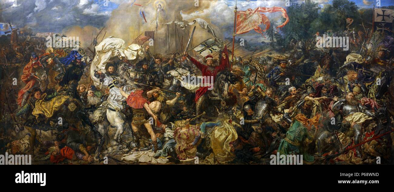 Schlacht von Grunwald von Jan Matejko (1878). Die Schlacht von Grunwald, erste Schlacht bei Tannenberg oder Schlacht von Žalgiris, wurde am 15. Juli 1410 kämpften, während der Polnisch-Litauisch-deutschen Krieg. Die Allianz von dem Königreich Polen und dem Großfürstentum Litauen, geführt von König Wladyslaw Jagiello (jogaila) und Großherzog Vytautas, entscheidend besiegte der Deutsch-preußischen Teutonic Knights, unter der Leitung von Grand Master Ulrich von Jungingen Stockfoto