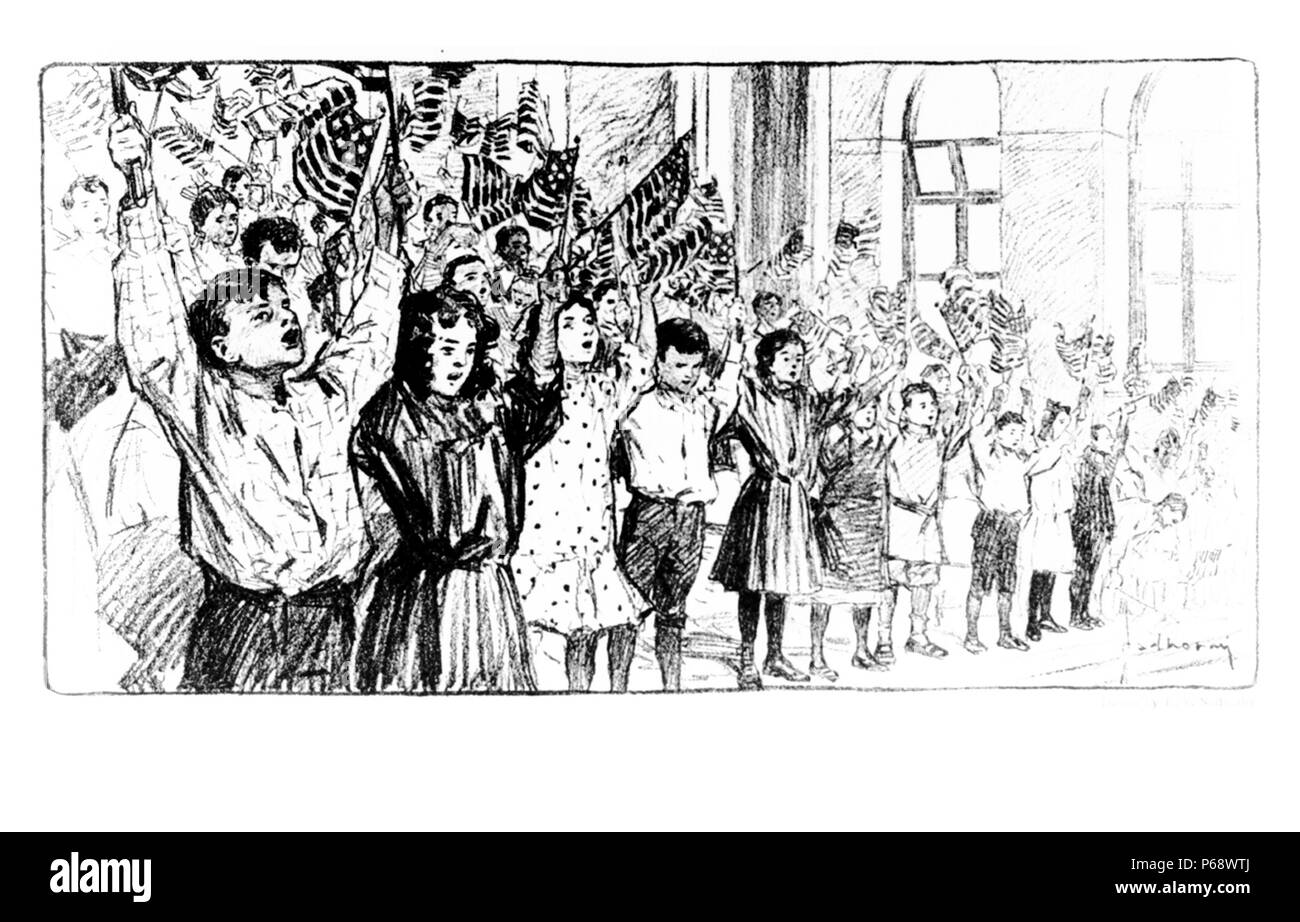 Sie sang von Amerika. 1906. Jüdische Kinder mit Migrationshintergrund winken kleine US-Flaggen während der Wiederholung Fahneneid; an der Central School der Pädagogischen Alliance, East Broadway, New York City. Stockfoto