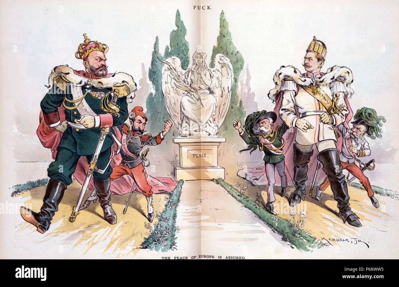 Der Frieden in Europa gesichert ist. von Udo Keppler, 1872-1956, Künstler. Veröffentlicht 1893. Alexander III., mit der Bezeichnung 'Russland', Wilhelm II., mit der Aufschrift "Deutschland", der die Blendung zurück, da sie an einem Weg weg von einer Statue von 'Frieden', Alexander III. wird begleitet von Sadi Carnot mit der Bezeichnung "Frankreich", schüttelte seine Faust ist bei Umberto I, mit der Aufschrift "Italien", die wiederum schüttelt seine Faust, Franz Joseph I., Aufschrift "Österreich", begleitet vom Wilhelm II. Stockfoto