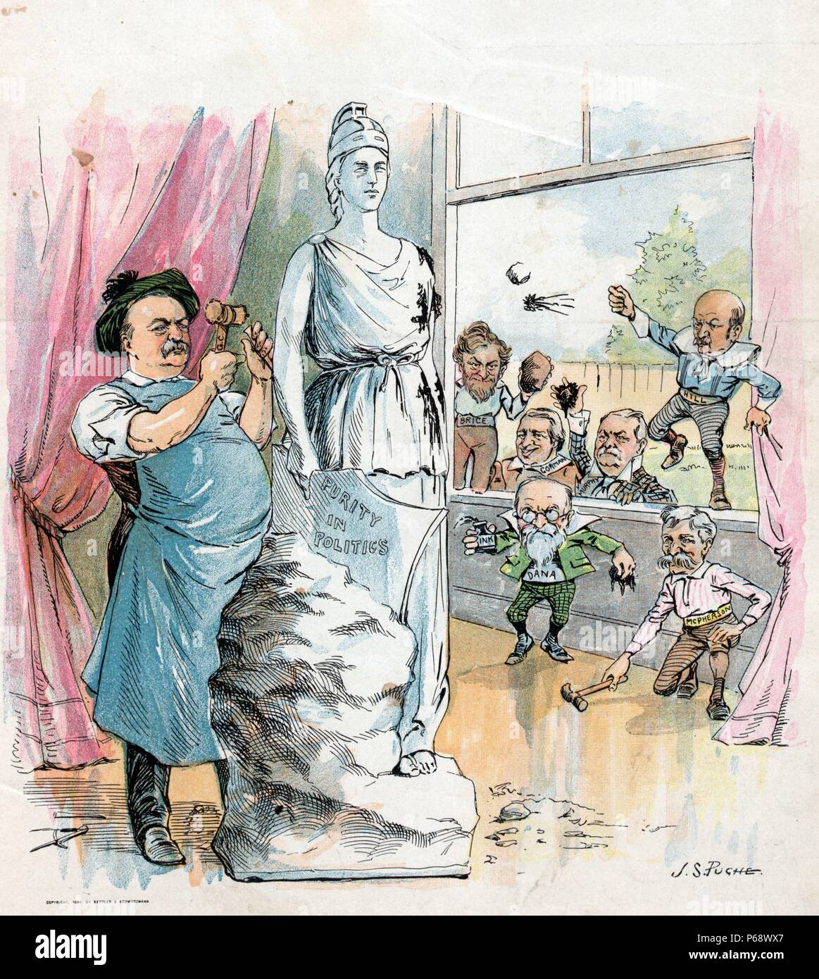 Ihre Kleinen am besten seine Arbeit zu verwöhnen; 1894: Drucken zeigt Präsident Cleveland Sculpting eine Statue mit der Bezeichnung 'Reinheit in der Politik", sondern um eine Gruppe von Gesetzgebern zu schlammschlachten Taktiken zurückgegriffen, Cleveland's Bemühungen zu zerstören. Die mit einem Hammer, Tinte, Schlamm und Steine sind "cPherson, Dana, Hügel, Murphy, Gorman, [und] Brice'. Stockfoto