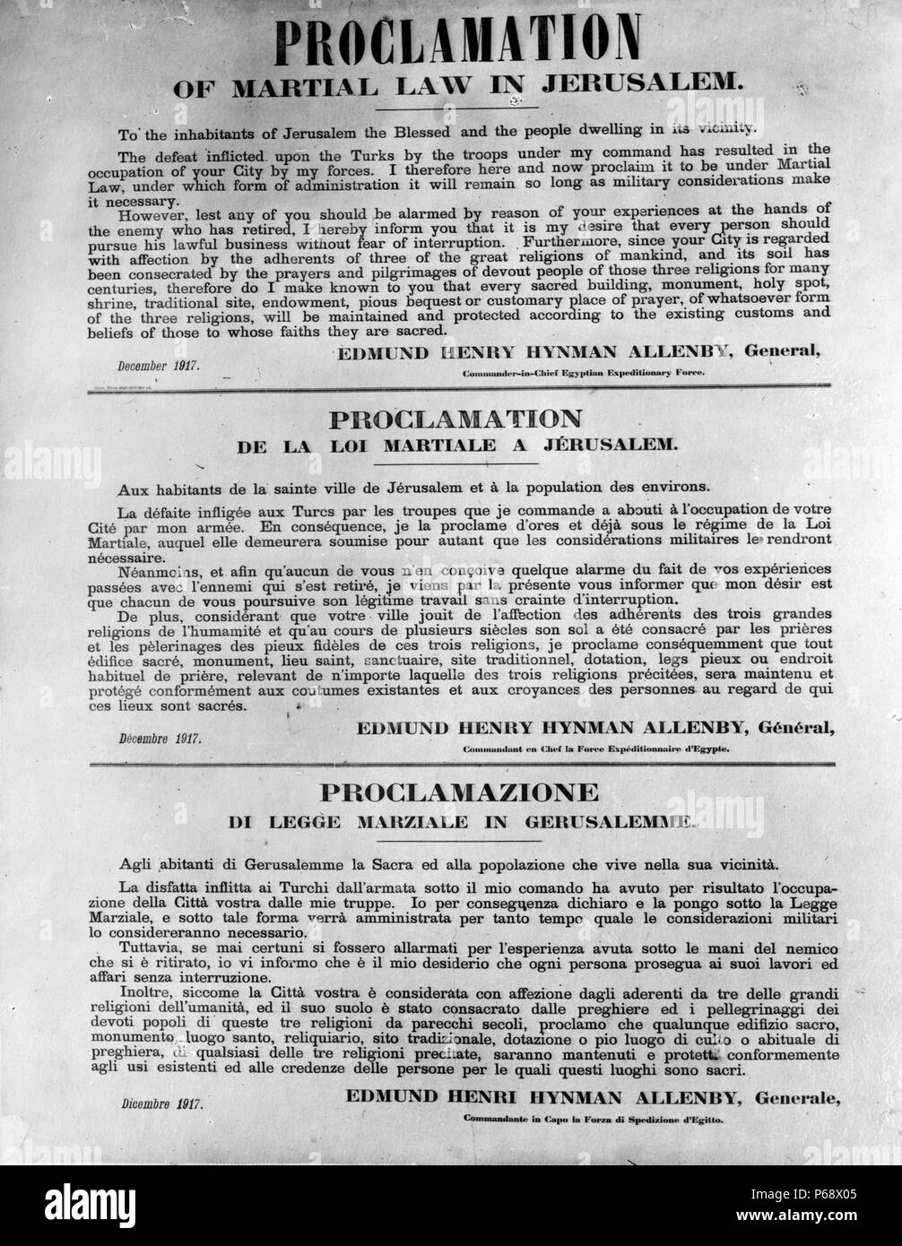 Ausrufung des Kriegsrechts in Jerusalem von Feldmarschall Allenby. Allenby war ein englischer Soldat und Britischen imperialen Gouverneur. In bewusstem Gegensatz zu der wahrgenommene Arroganz der Eintrag des Kaisers in Jerusalem auf dem Rücken der Pferde 1898, Allenby demontiert und zusammen mit seinen Offizieren, in die Stadt zu Fuß durch das Jaffa Tor aus Respekt für den Status von Jerusalem als Heilige Stadt wichtig, Judentum, Christentum und Islam. Stockfoto