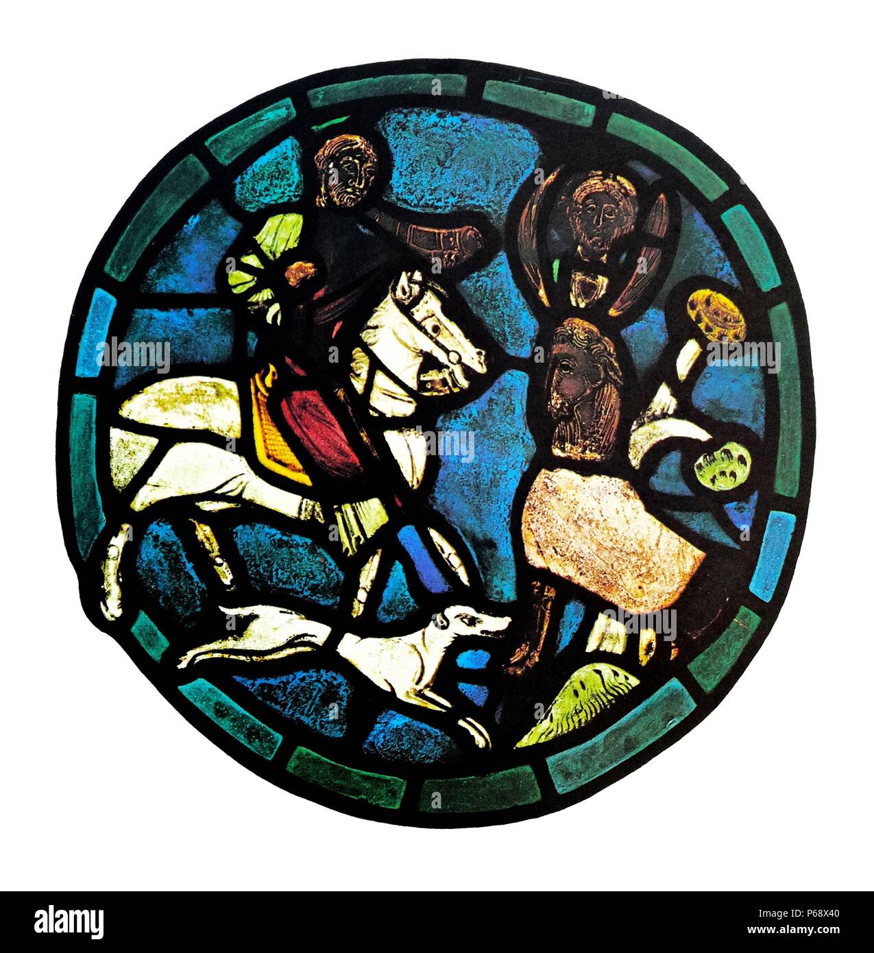 Romanische Glasfenster mit einem Pferd und Reiter. Ein Beispiel der frühen Glasmalerei. Vom 10. Jahrhundert Stockfoto