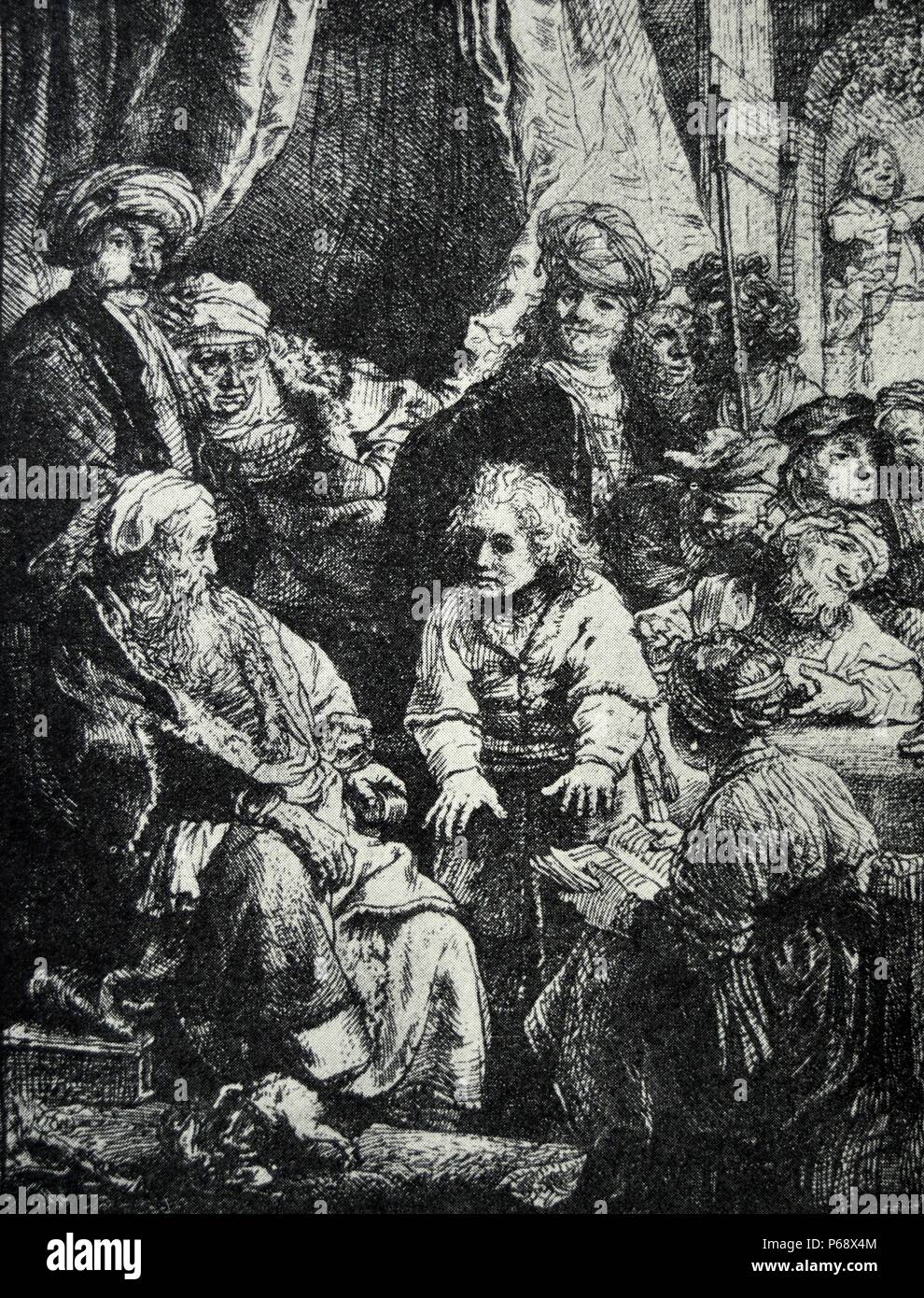 Radierung mit dem Titel "Joseph erzählt seine Träume" erstellt von Rembrandt. Vom 17. Jahrhundert. Stockfoto