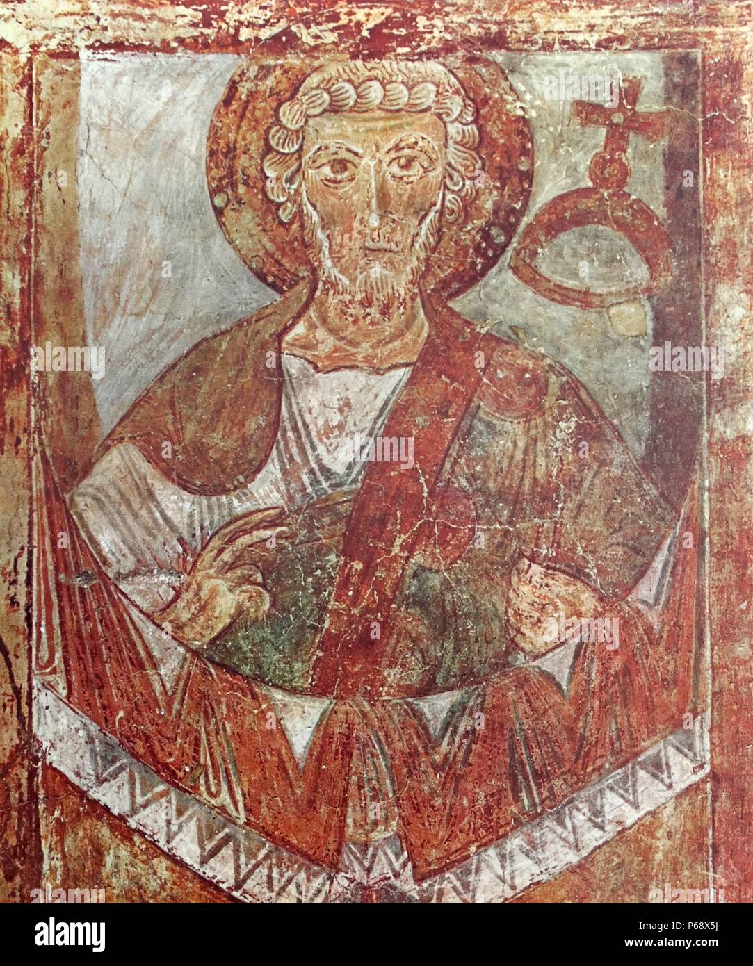 Fresko von Christ in der Majestät der zwölf Apostel und vier heiligen umgeben. 12. Jahrhundert datiert. Stockfoto
