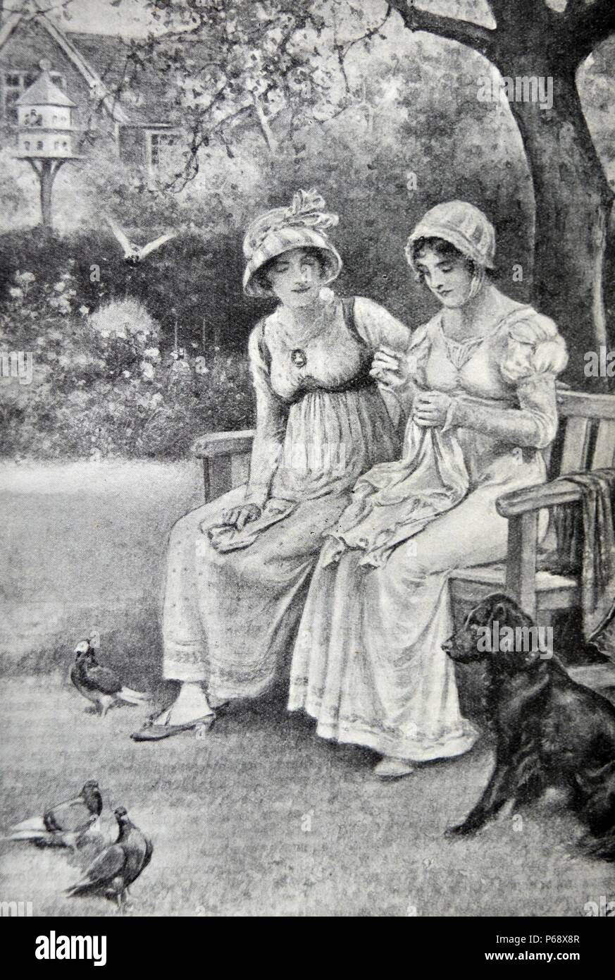 Gravur von Jane Austen und ihre Schwester Cassandra Handarbeiten im Pfarrhaus Garten zu tun. Datiert 1810 Stockfoto