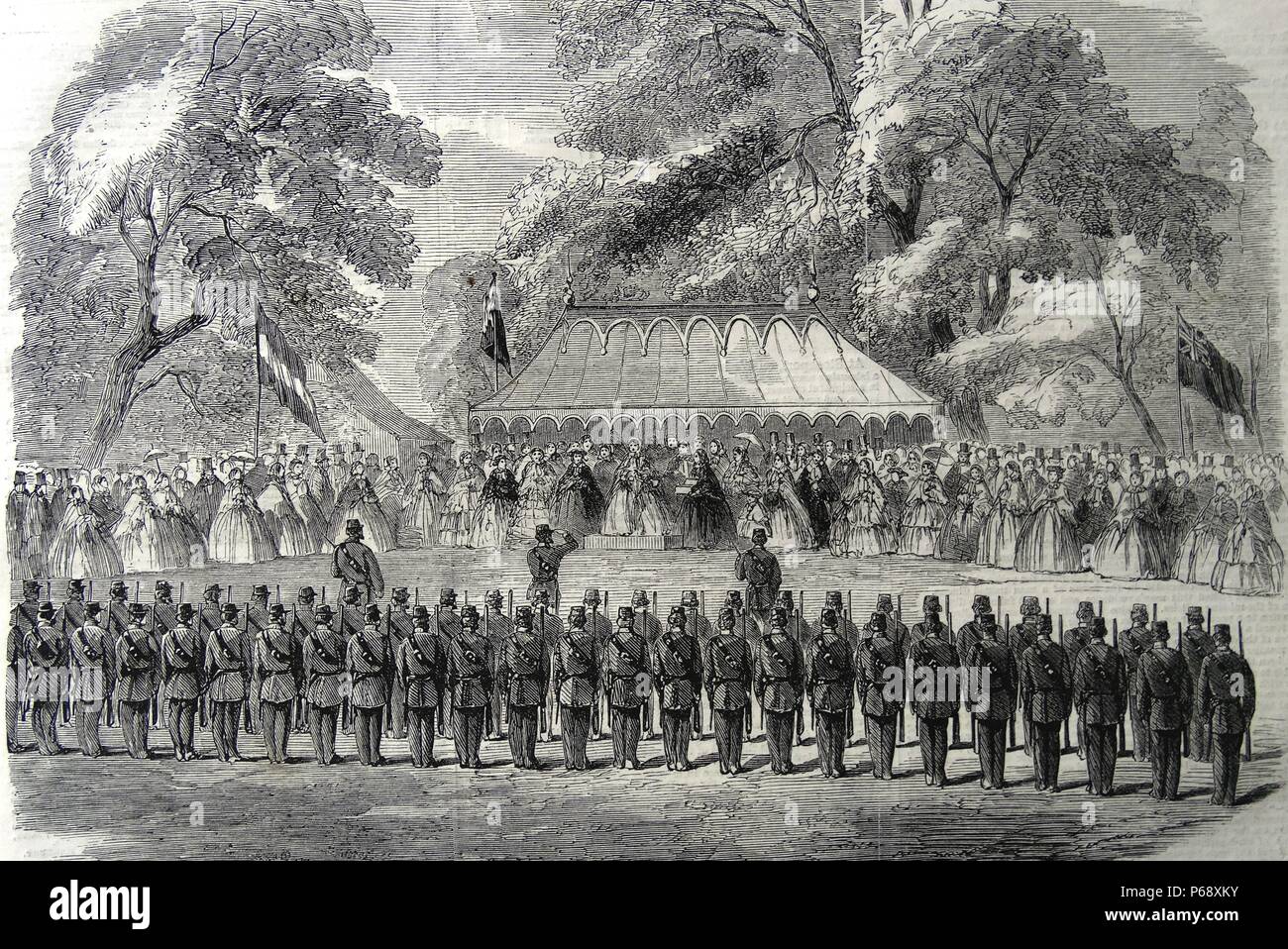 Präsentation von einer silbernen Trompete von Lady Duff Gordon, der 6. Surrey (Esher Volunteer Rifle Corps); 15. September 1860. Stockfoto