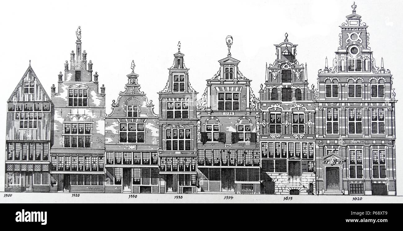 Zeichnung mit architektonischen Übergang der Stile des holländischen Häuser in Amsterdam; von 1500 bis 1620 Stockfoto