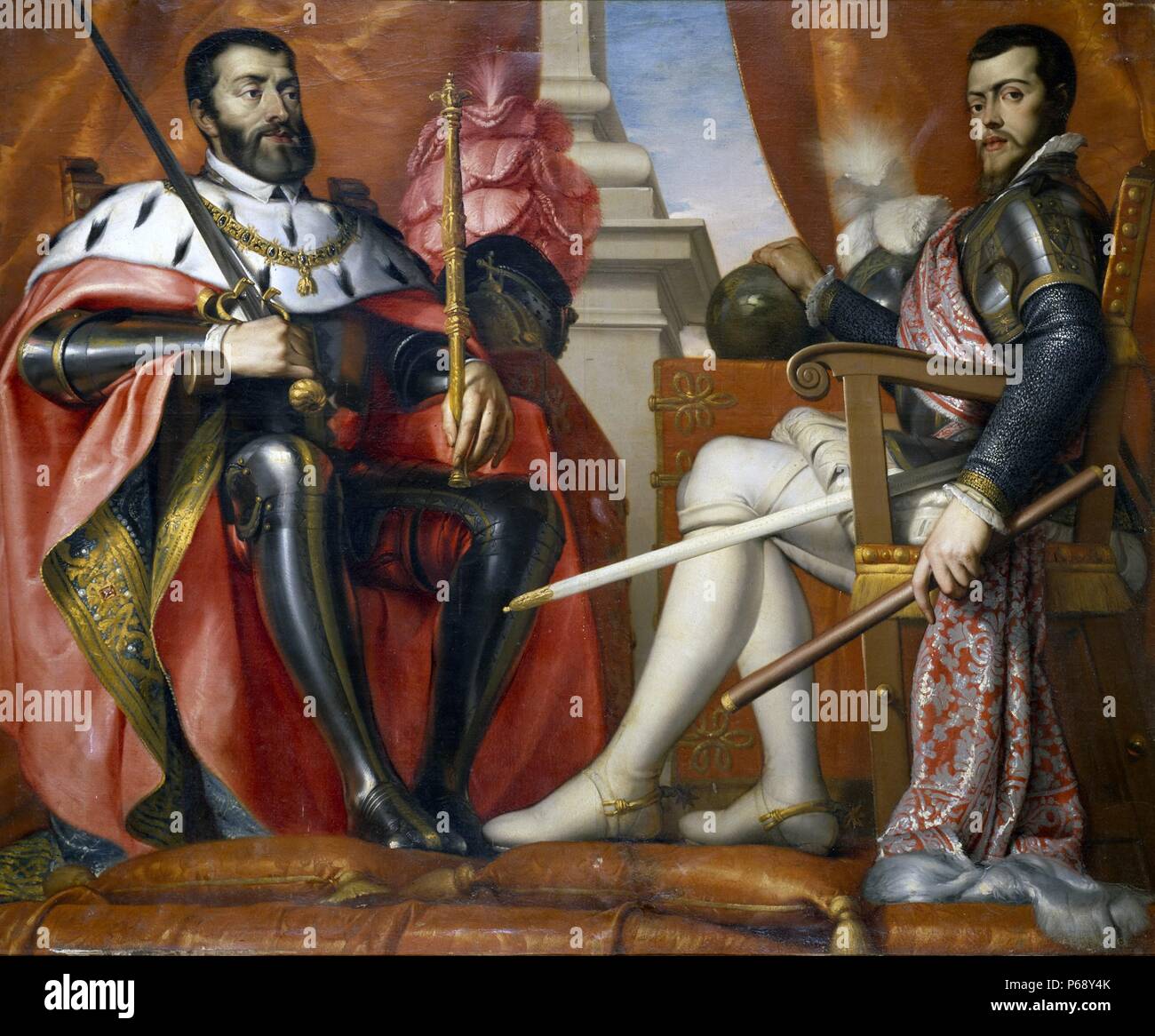 Porträt von Königen Carlos I und Felipe II. von Spanien. Gemalt von Cuadro de Anonio Arias Fernandez. Datiert aus dem 16. Jahrhundert Stockfoto