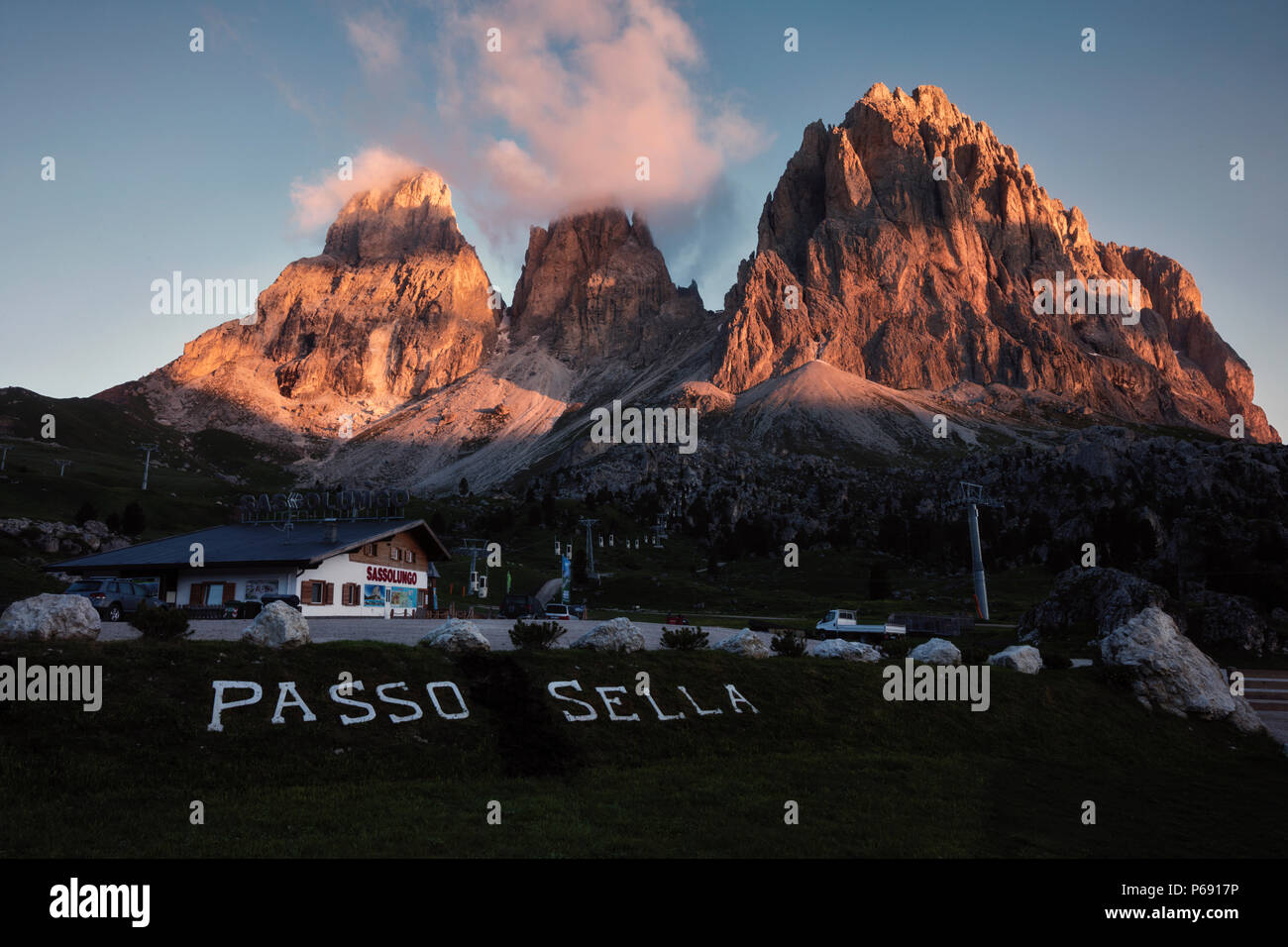 Langkofel, Passo di Sella, Dolomiten, Trentino, Alto Adige, Italien, Europa Stockfoto