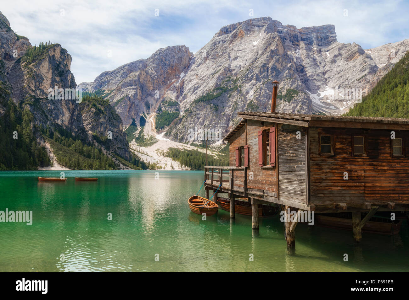 Lago di Braies, Prags, Südtirol, Dolomiten, Italien, Europa Stockfoto
