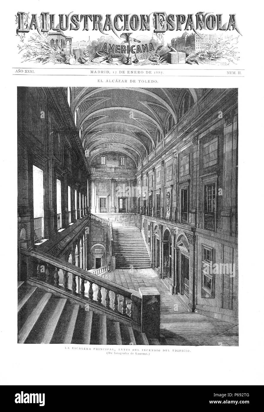 1887-01-15, La Ilustración Española y Americana, Alcázar de Toledo, Escalera principal antes del Incendio del Edificio, Laurent. Stockfoto