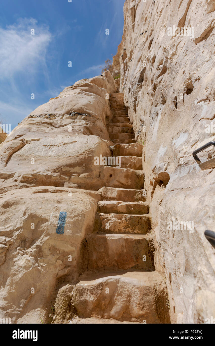 Steintreppe geschnitzt in der Seite der ein avdat Canyon in der Wüste Negev in Israel. Stockfoto