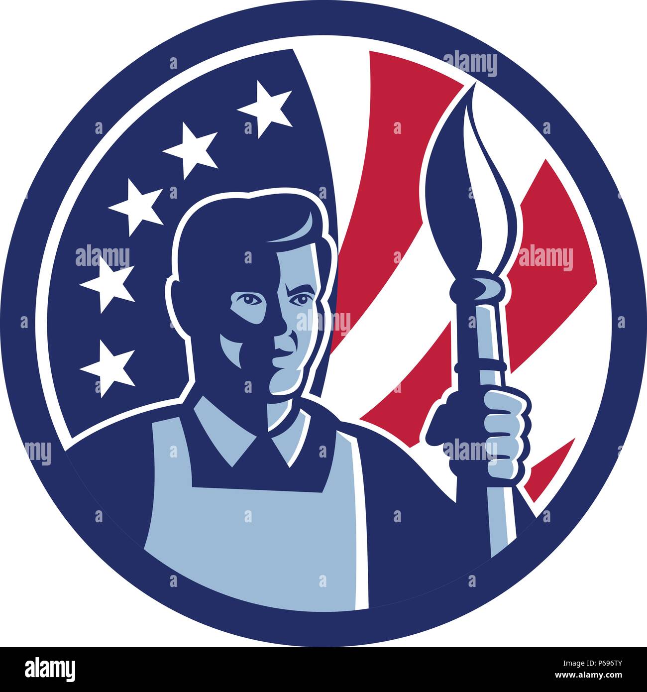 Symbol Retro Stil Abbildung eines amerikanischen Künstler oder Maler mit Pinsel mit den Vereinigten Staaten von Amerika USA Star Spangled Banner oder star Stock Vektor