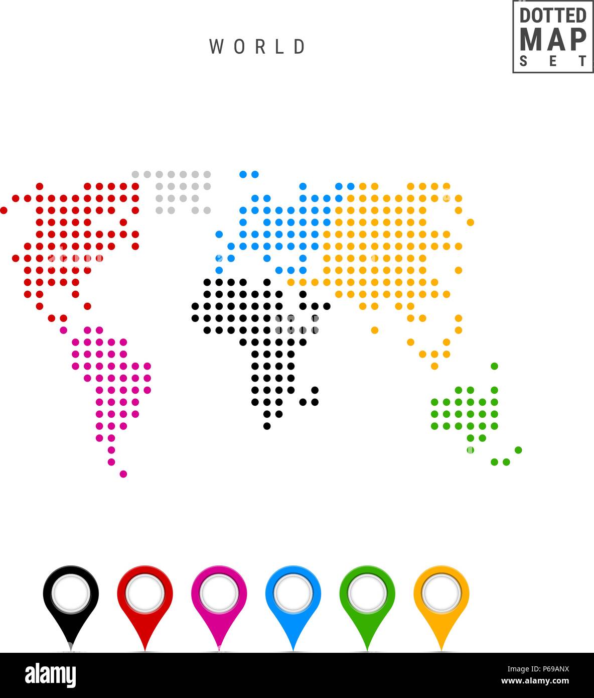 Dots Muster vektorkarte der Welt. Stilisierte Silhouette der Welt. Kontinente sind in verschiedenen Farben hervorgehoben Stock Vektor