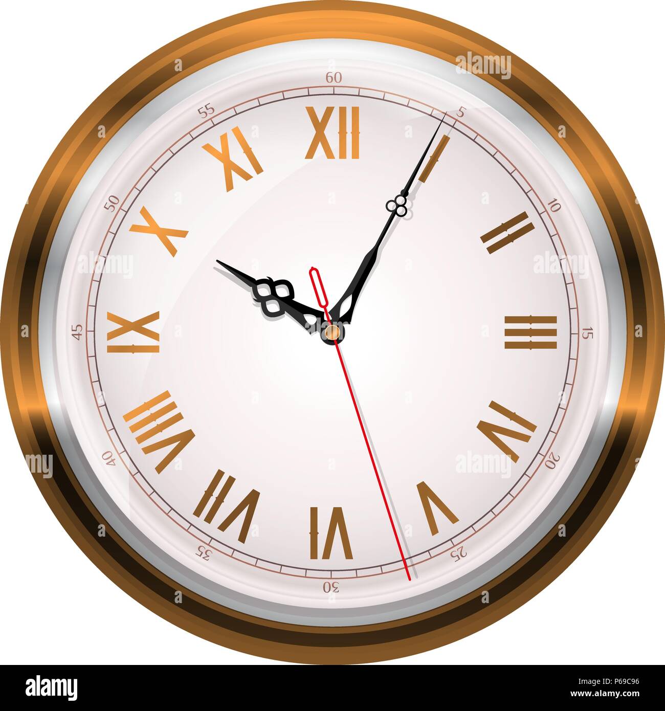 Antike Wanduhr isoliert auf Weiss. Gold Wanduhr mit römischen Ziffern. Reich verzierte Uhr Hände. Realistische Vektorgrafiken Stock Vektor
