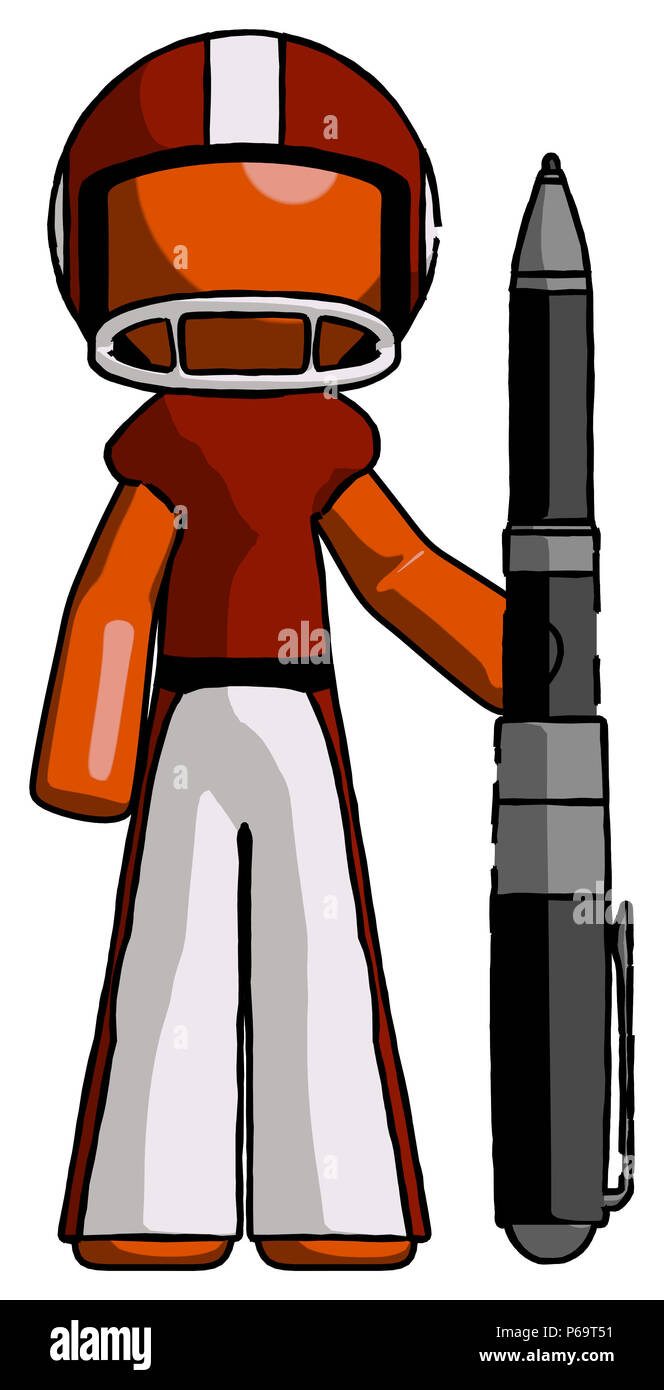 Orange Fußballspieler Mann mit großen Pen. Stockfoto