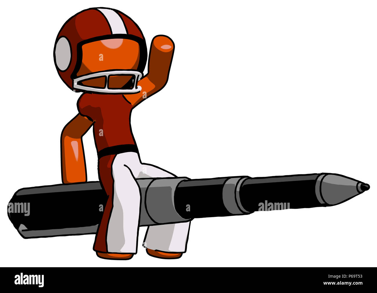 Orange Fußballspieler Mann, eine Feder, die wie eine riesige Rakete. Stockfoto